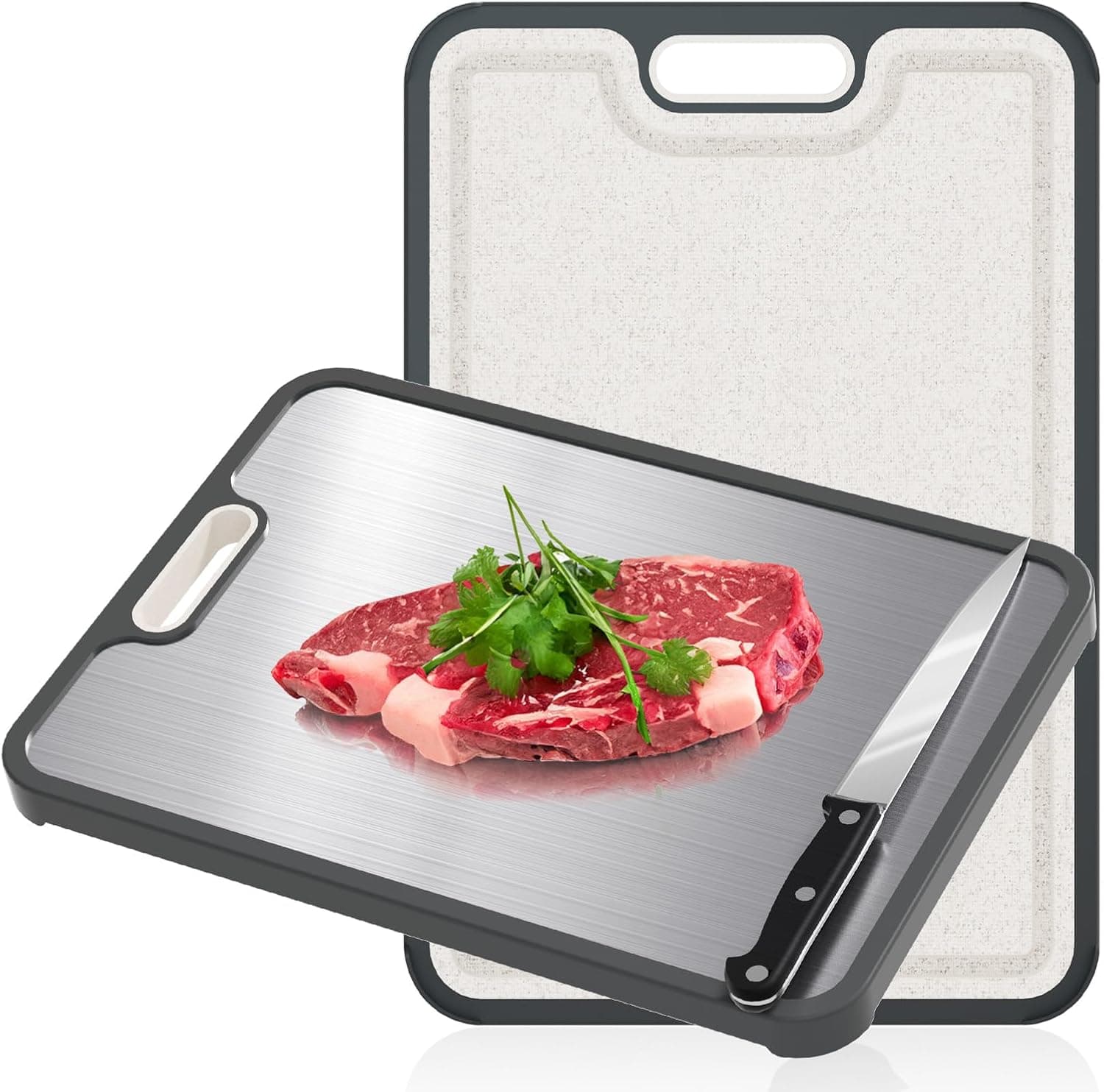 Tábua de cortar aço inoxidável, tábua de cortar frente e verso para a cozinha, tábua de cortar antiderrapante, bordas de silicone antiderrapantes, para cozinha, carne, frutas, legumes (38 x 27 cm)