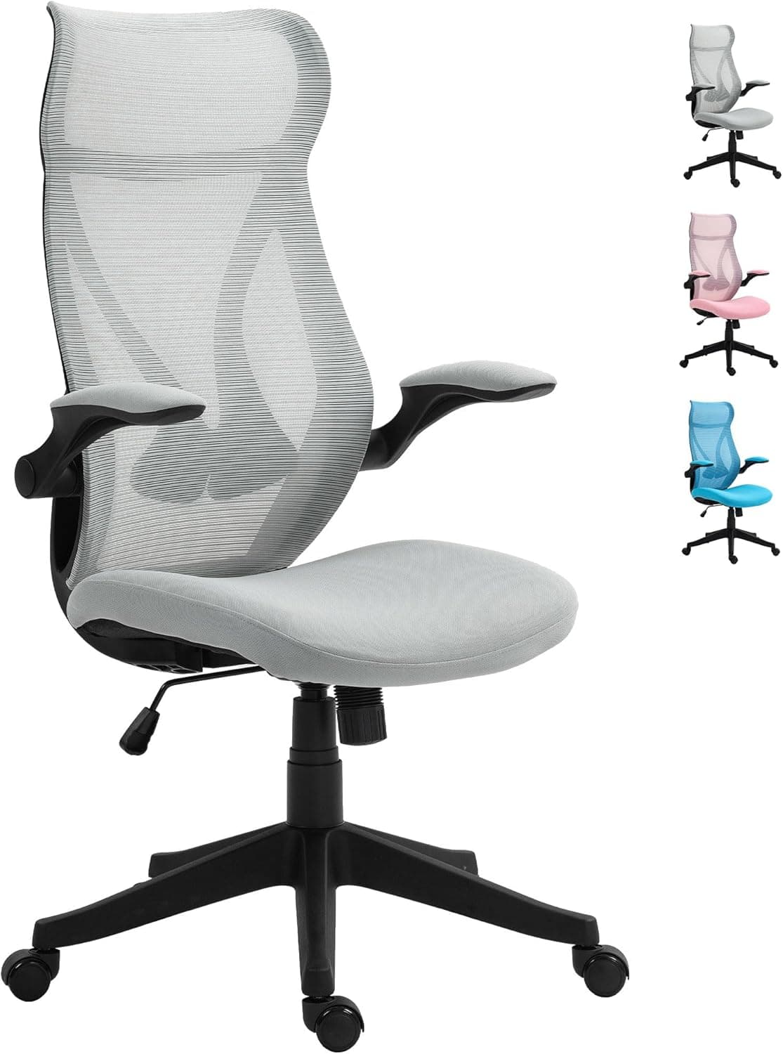 HOMCOM Cadeira de mesa de malha cadeira de escritório giratória com altura ajustável apoios de braços batíveis e função de cadeira de estudo carga 120 kg cinzento claro
