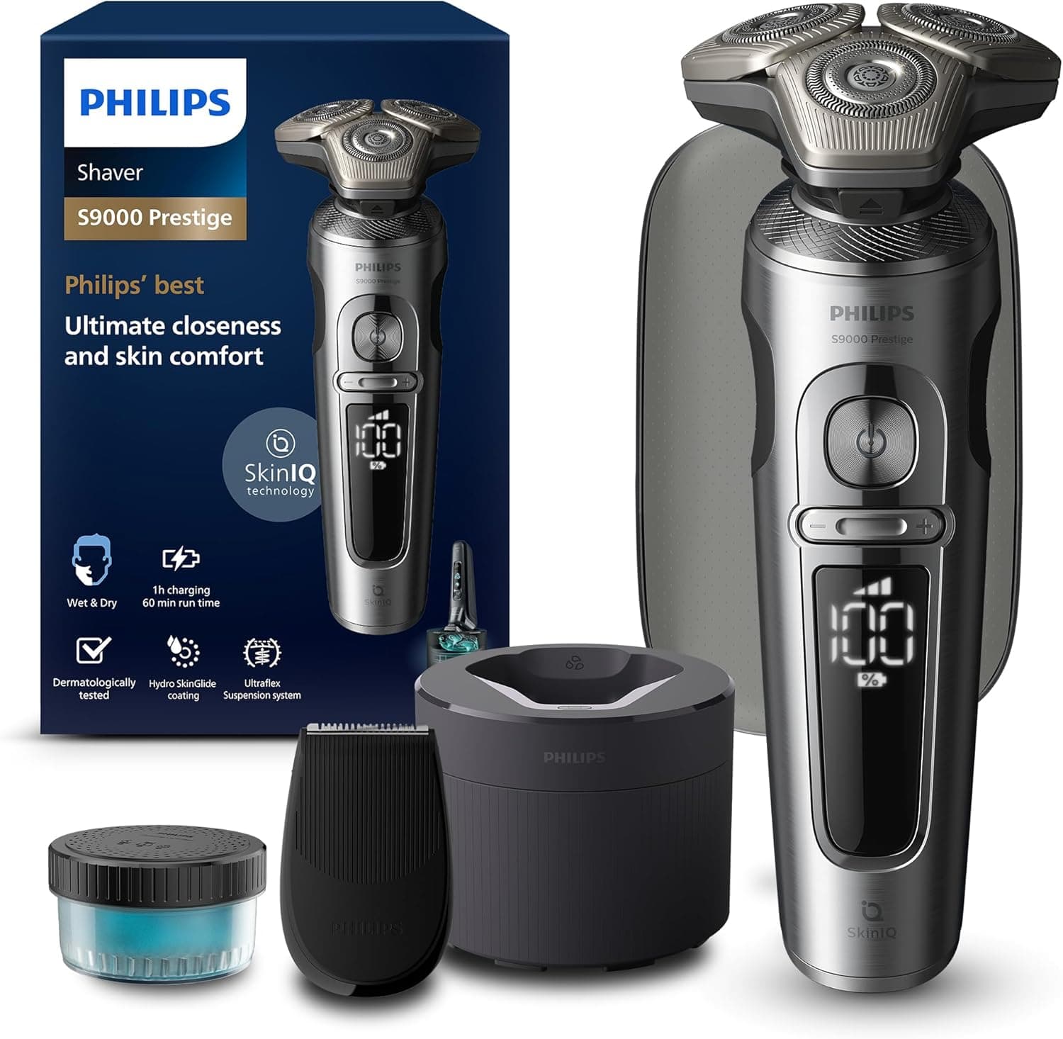 Philips S9000 Prestige, máquina de barbear elétrica para homem, máquina de barbear a seco e molhado, tecnologia de elevação e curta SkinIQ, aparador de precisão, centro de limpeza, capa premium