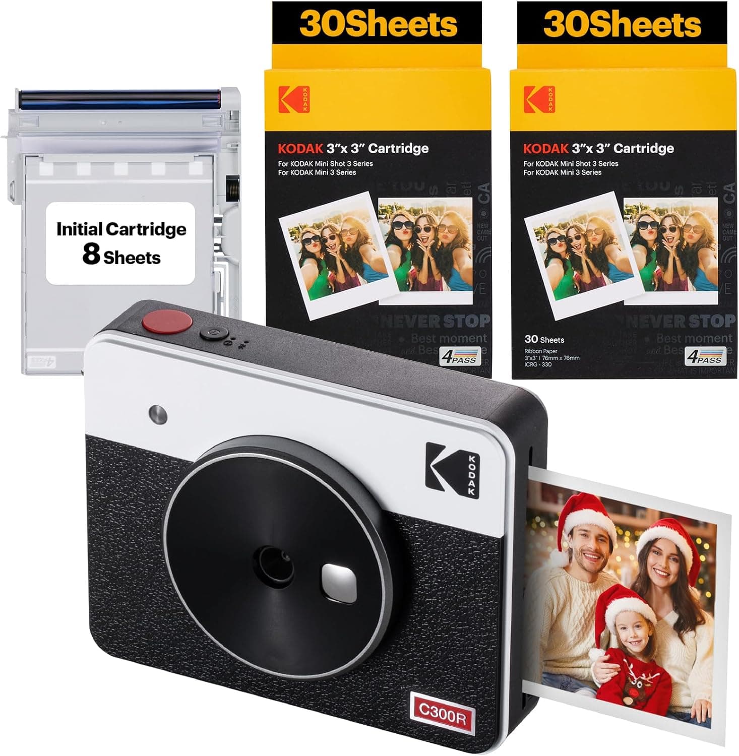 Kodak C300R Mini Shot 3, câmara instantânea de fotos com impressora 68 fotos, Bluetooth, formato quadrado 76 x 76 mm, compatível com iPhone e Android, tecnologia 4 Pass - branco