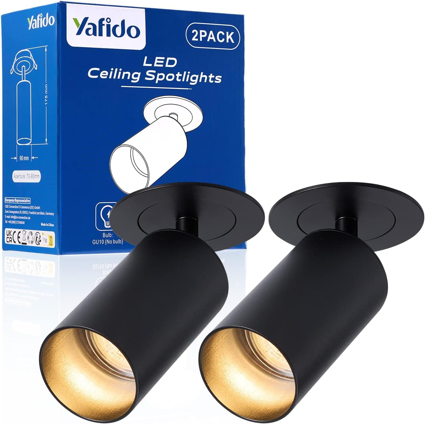 Yafido 2 x 360° Foco de Giratório GU10 incorporado 90° LED orientável foco de teto preto iluminação em trilhos de teto holofotes para o teto LED, holofotes ajustáveis e giratórios para interiores