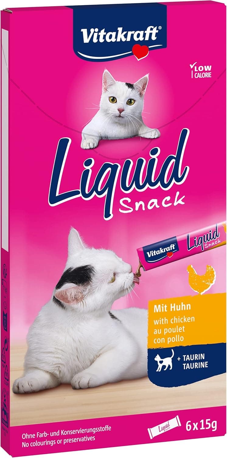 Vitakraft Liquid Snack, snack líquido para gatos com frango, textura suave e cremosa, delicioso aperitivo para gatos, com taurina, favorece a função ocular e cardíaca, de baixa caloria