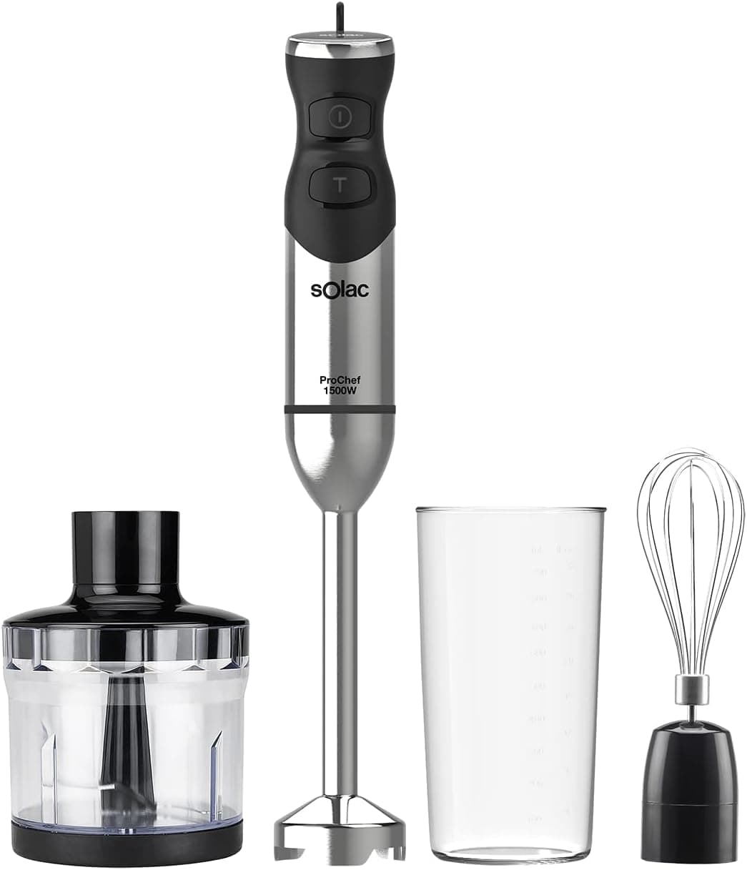 Solac BA5611 Pro 1500 Chef Liquidificadora de mão, 1500 W, varinha mágica anti-salpicos, várias velocidades, função turbo, inclui conjunto acessórios, 4 lâminas INOX, ergonómica, aço inoxidável