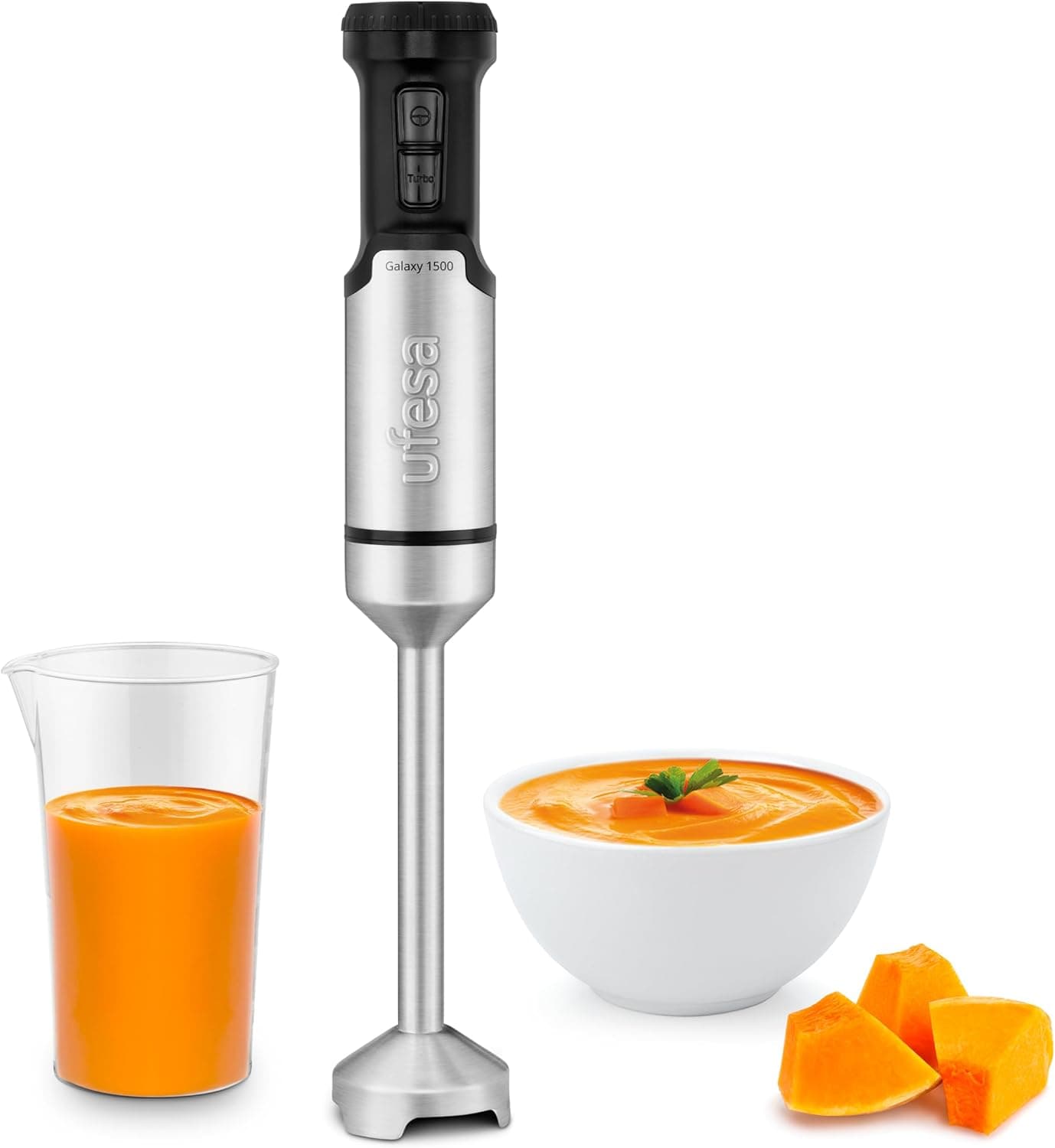 Ufesa Galaxy Liquidificadora de mão, potência de 1500 W, controlo de velocidade variável TURBO, 4 lâminas de aço inoxidável, design ergonómico e anti-salpicos, copo medidor, sem BPA