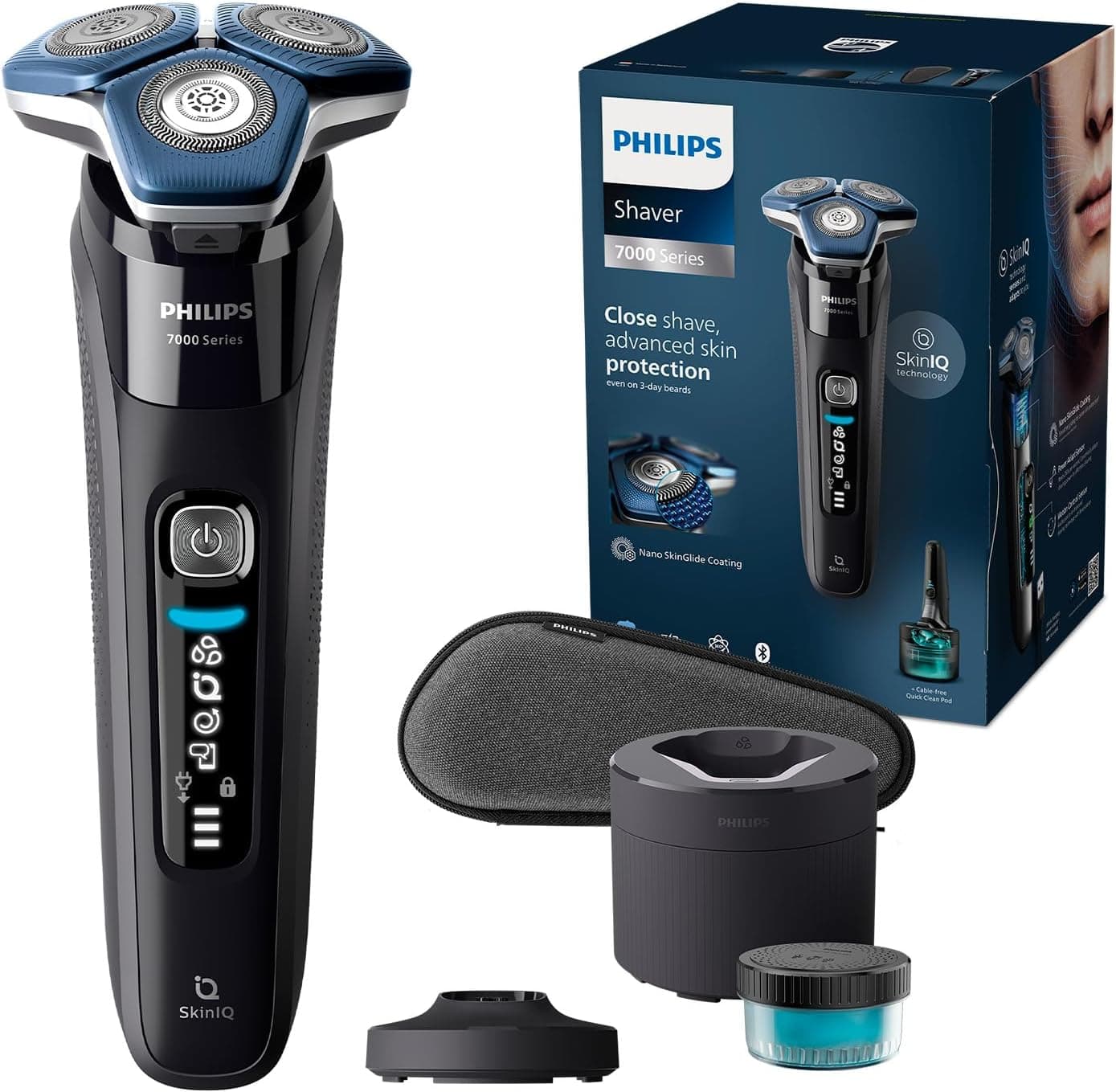 Philips Série 7000 máquina de barbear elétrica para homem, máquina de barbear com aparador, 45 lâminas, 60 min de uso, seco e húmido, recarregável, centro de limpeza, base de carregamento, S7886/55,