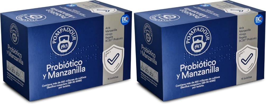 Pompadour Probiotic & Camomila | Infusão de ervas com probióticos BC30 sem teína, 15 saquetas x 2