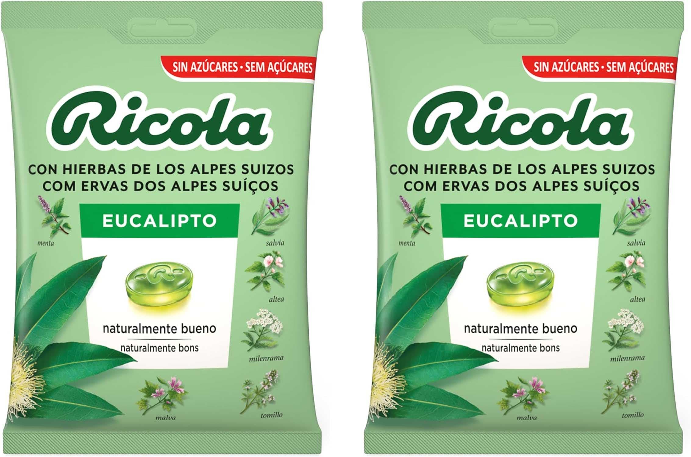 Ricola - Eucalipto, doces duros, refrescante e alivia a garganta e as vias respiratórias, com óleos essenciais de hortelã, eucalipto e 13 ervas suíças, sem açúcar, com adoçante, saco 70 g (x2)