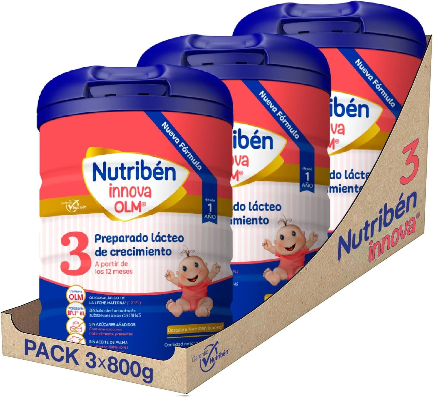 Nutribén Innova 3 - Crescimento de leite em pó para bebé | Fórmula a partir dos 12 meses, sem óleo de palma, com ácido doseador mais higiénico, com BPL1, 3 frascos de 800 g