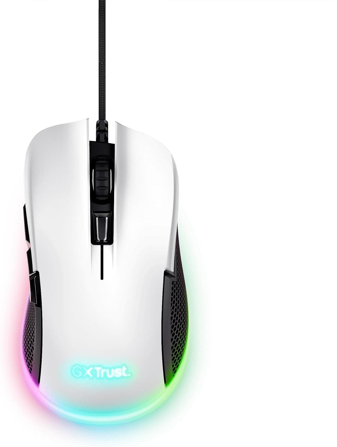 Trust Gaming GXT 922W Ybar rato Gaming, 68% plástico reciclado, iluminação LED RGB, 6 botões programáveis, software avançado, 200-7200 dpi, Mouse Gamer USB para PC/portátil - branco