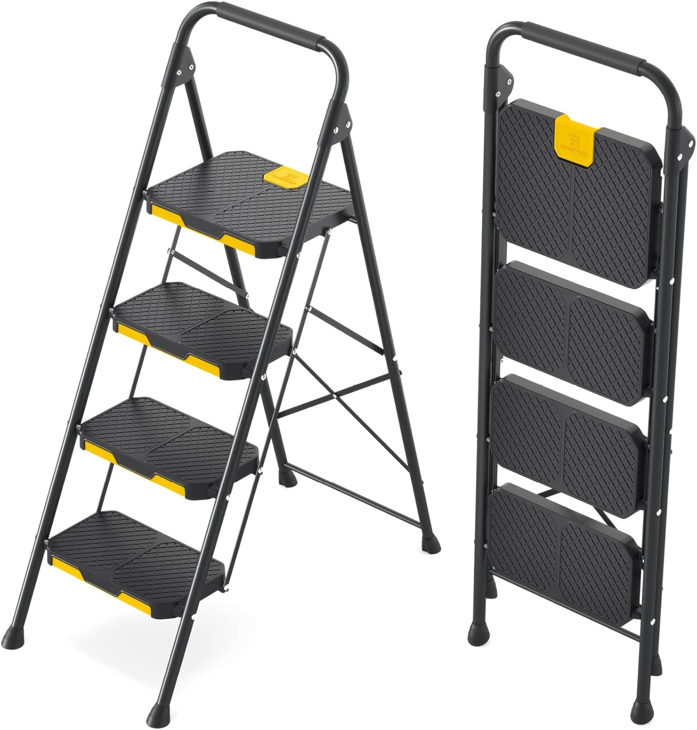 KINGRACK Escada dobrável de 4 degraus com bloqueio de segurança, escada de tesoura doméstica carga até 360 kg, com pedal largo antiderrapante, corrimãos, banco de aço, para casa, cozinha, preto