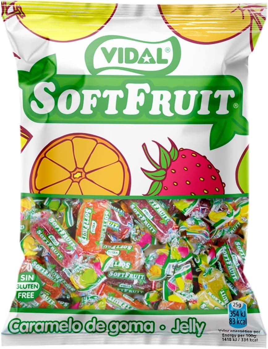 Vidal Golosinas. Soft Fruit, caramelo de borracha embrulhado, cores amarelas, vermelho e laranja, sabores de abacaxi, limão, laranja, maçã e morango. Saco 1 kg