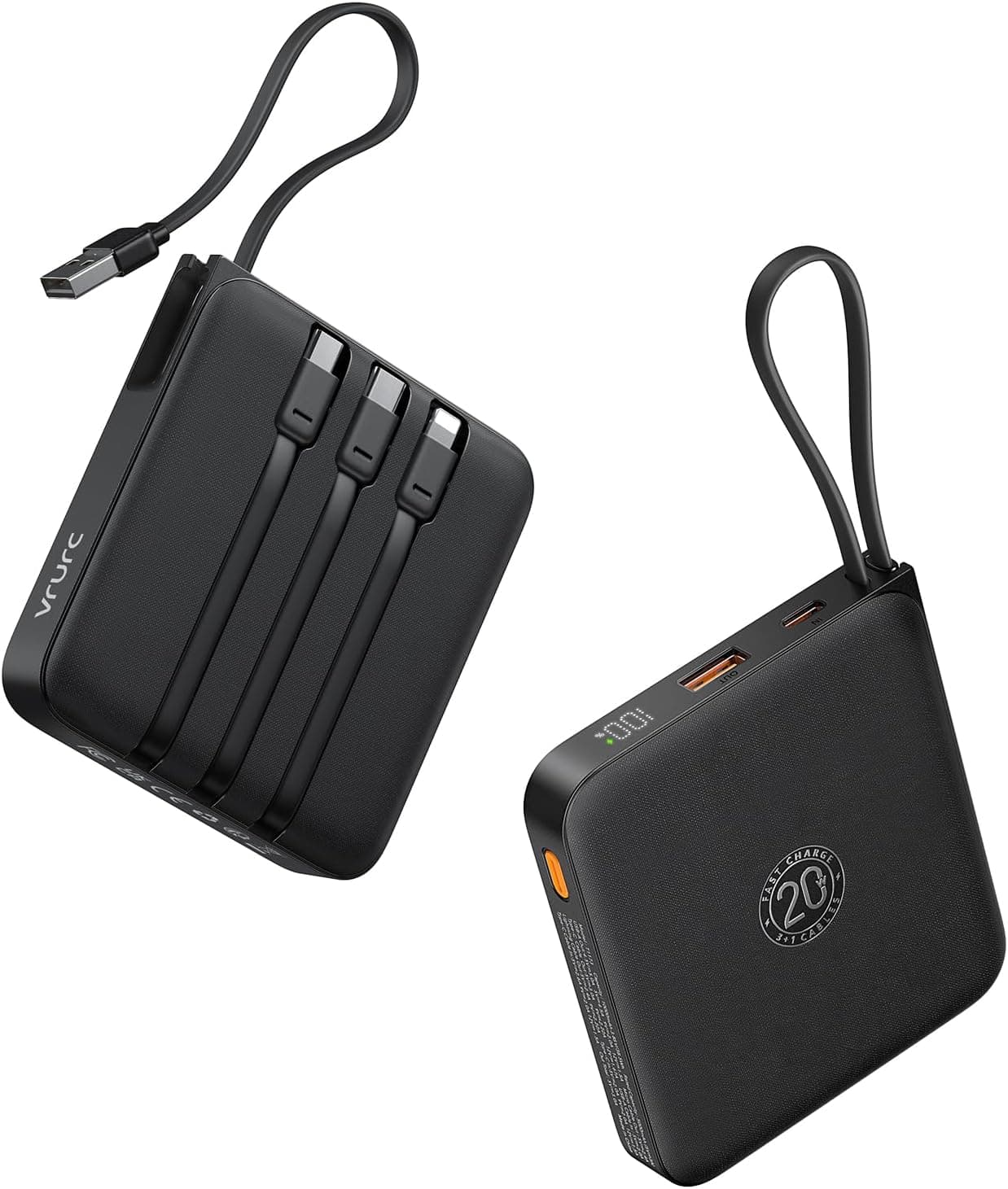 VRURC Power Bank 20000 mAh com cabos integrados, carregamento rápido USB C de 22,5 W, ecrã LED 