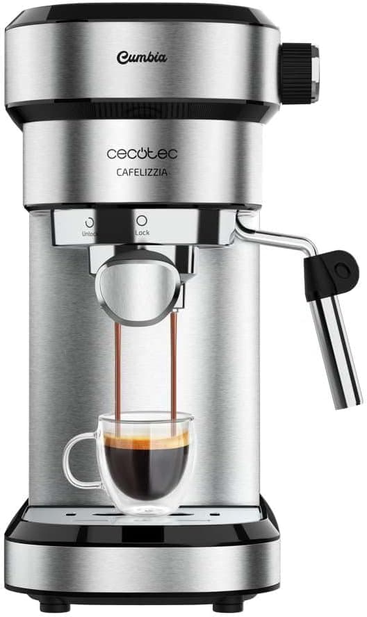 Cecotec Máquina de café expresso com saída dupla Cafelizzia Steel. 1350 W, braço porta-filtros com dois filtros, vaporizador orientável, 20 barras de pressão, depósito removível de 1,2 l, aço