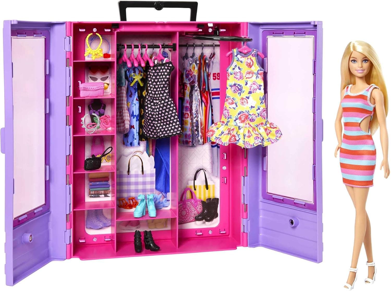 Barbie Fashionista Armário portátil para roupa de boneca, inclui 3 Looks completos, 6 cabides e boneca, brinquedo + 3 anos (Mattel HJL66)