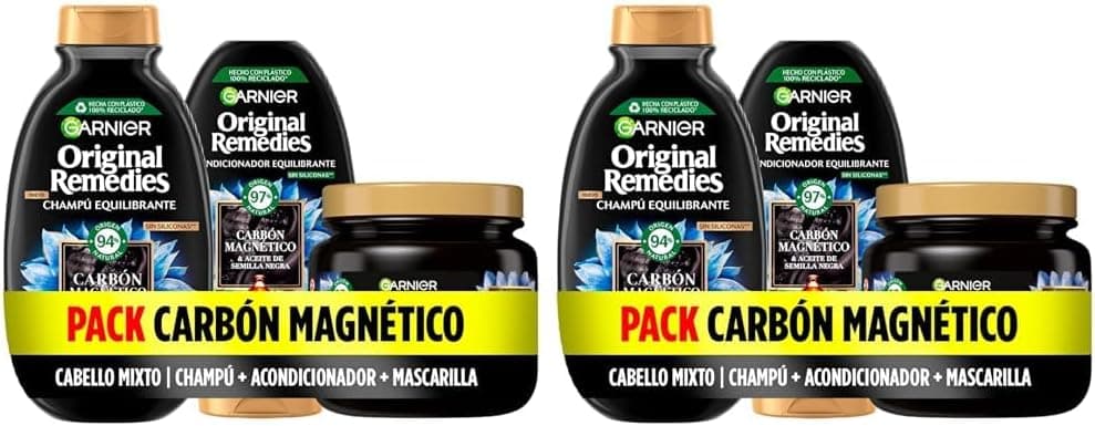 Garnier Original Remedies Pack champô condicionador máscara para raízes gordas e pontas secas, com carbono magnético, limpa, desembaraçada e nutre, para cabelo misto (embalagem de 2)
