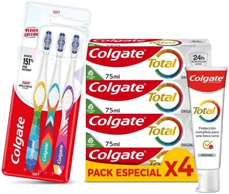 COLGATE - Pack pasta de dentes pendurada total original 4 x 100 ml escovas de dentes macias Whole Mouth 3 unidades, proteção completa, dentífrico com proteção antibacteriana 24h