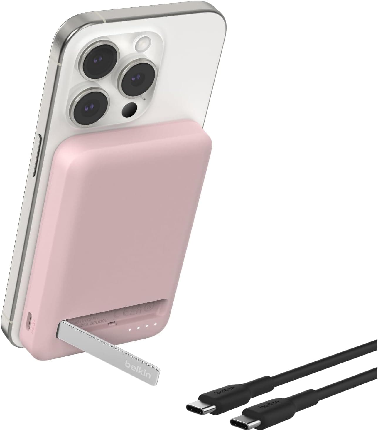 Belkin BoostCharge Pro Bateria externa sem fio de 5000 mAh com Qi2, carregador portátil compatível com MagSafe suporte cavalete, bateria portátil para Phone 16, iPhone 15, 14, 13 e outros, rosa