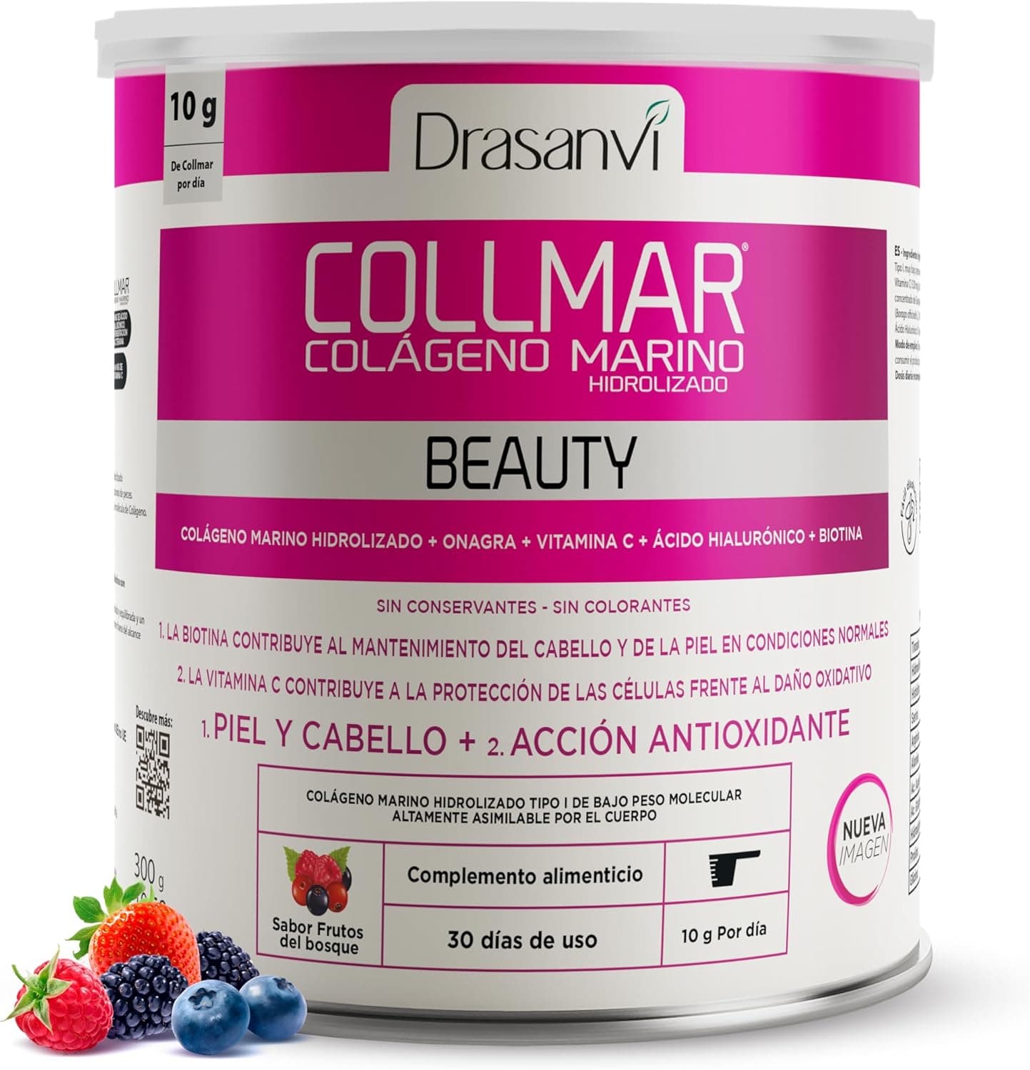 DRASANVI COLLMAR BEAUTY COLAGENO Ácido HIALURONICO Colágeno marinho hidrolizado com vitamina C natural e biotina, Beauty Collagen pele bonita e hidratada, sabor frutas da floresta, 300 GR= 30 dias