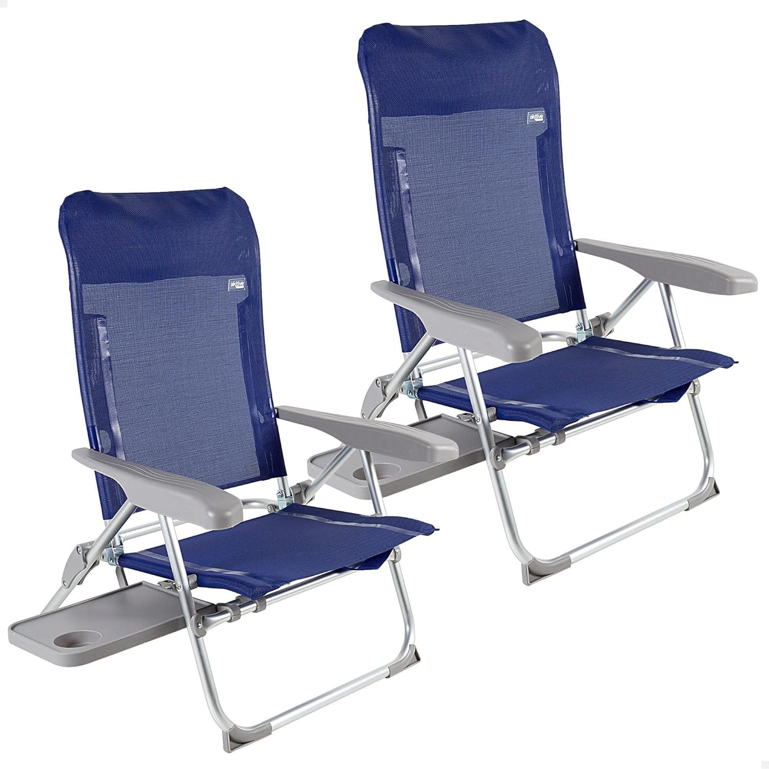 AKTIVE Conjunto de 2 cadeiras de praia planas dobradas, muito compactas, multifunções, 6 posições, com almofada e mesa, alças para fácil transporte, medidas 47 x 57 x 89 cm, alumínio e textileno