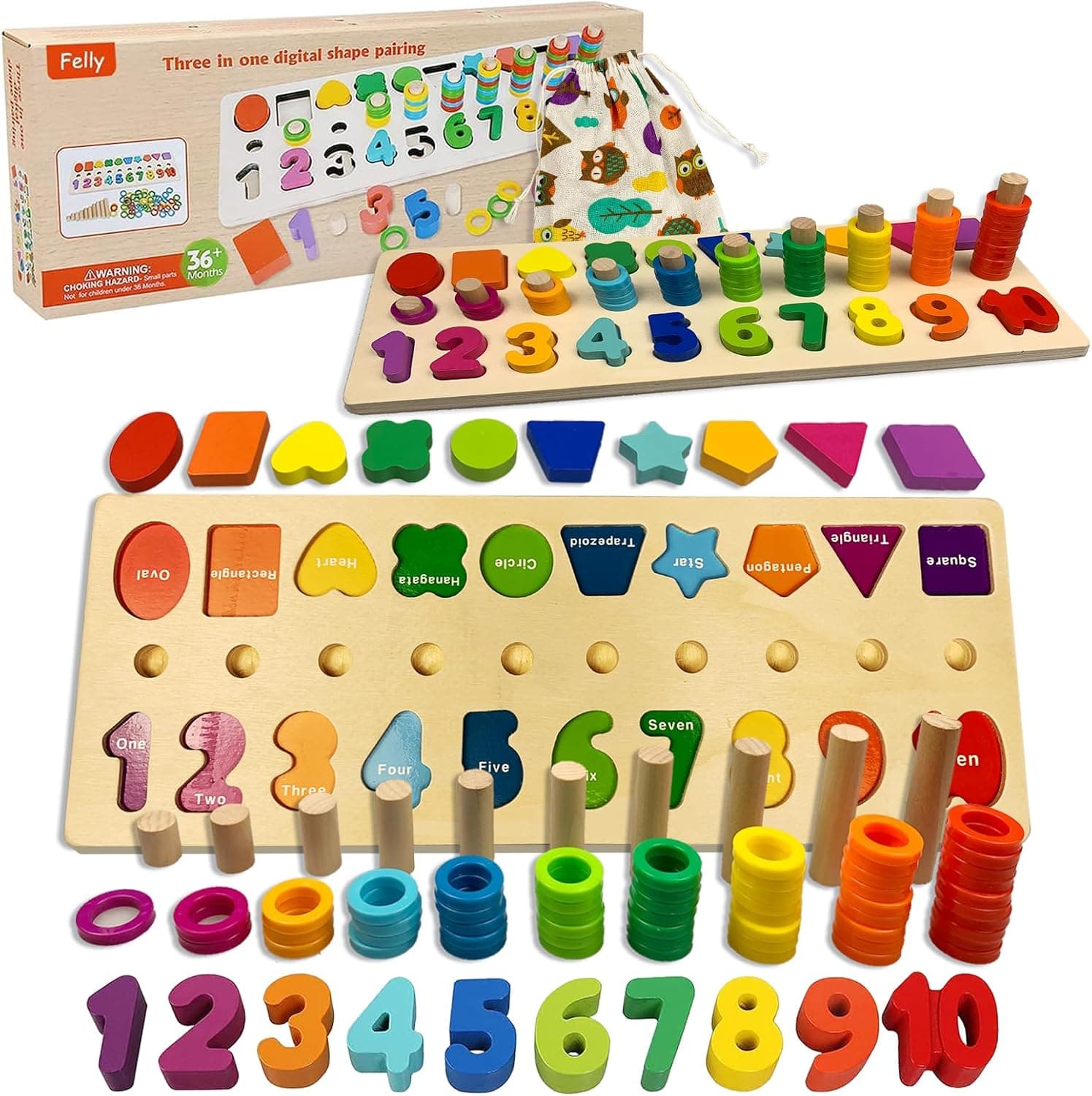 Felly Brinquedos Montessori crianças, 2 em 1 jogo educativo brinquedos de madeira bebé placa de contagem números empilhamento classificação matemática aprendizagem, presente de aniversário Natal 3
