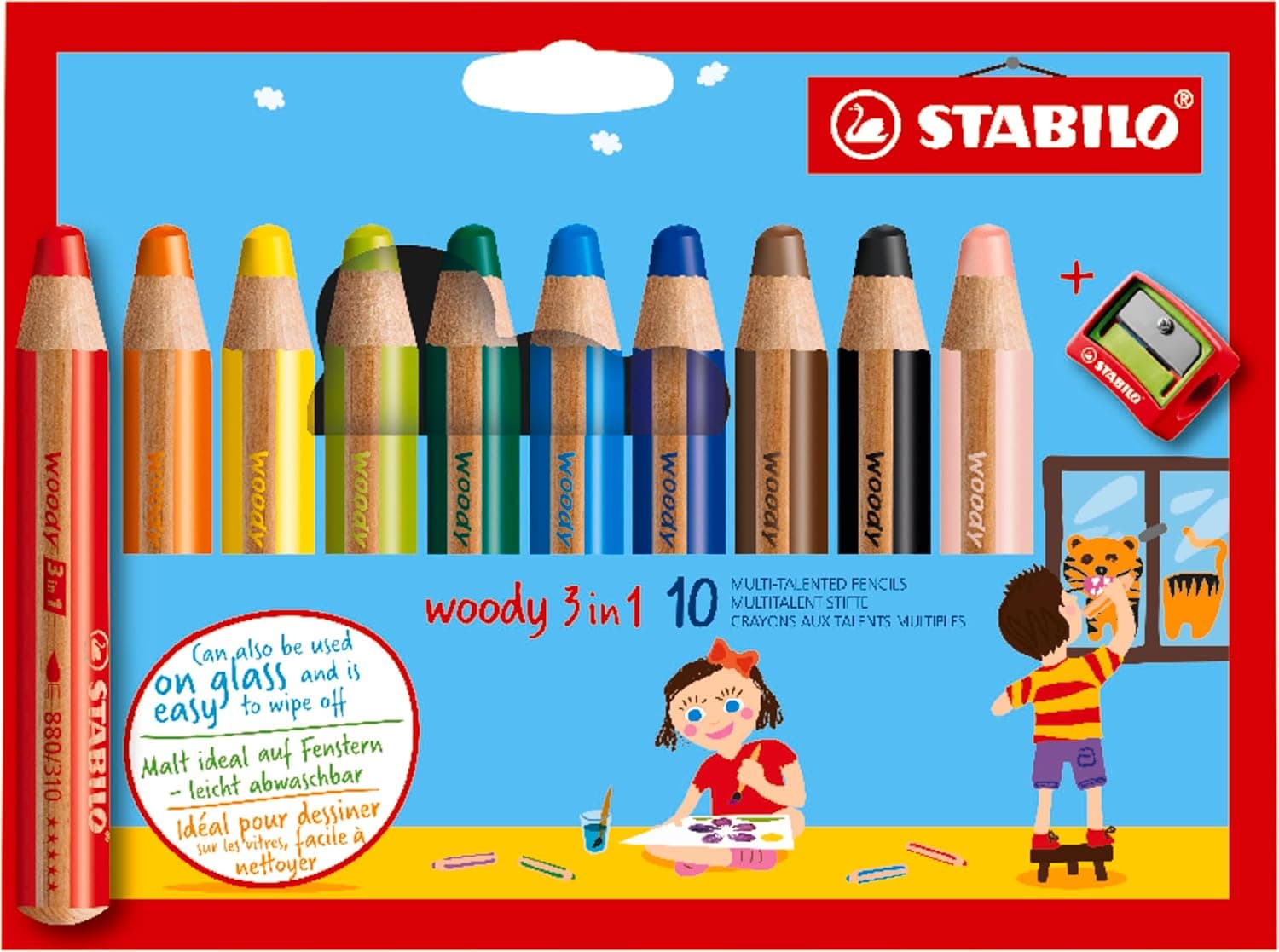 STABILO Lápis de cor multitalento woody 3 em 1 - estojo com 10 cores + afia
