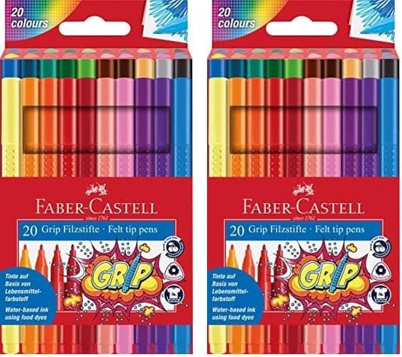 Faber-Castell 155320 - Caixa com 20 marcadores Grip de cores diferentes. Corpo triangular e ponta fina (embalagem de 2)