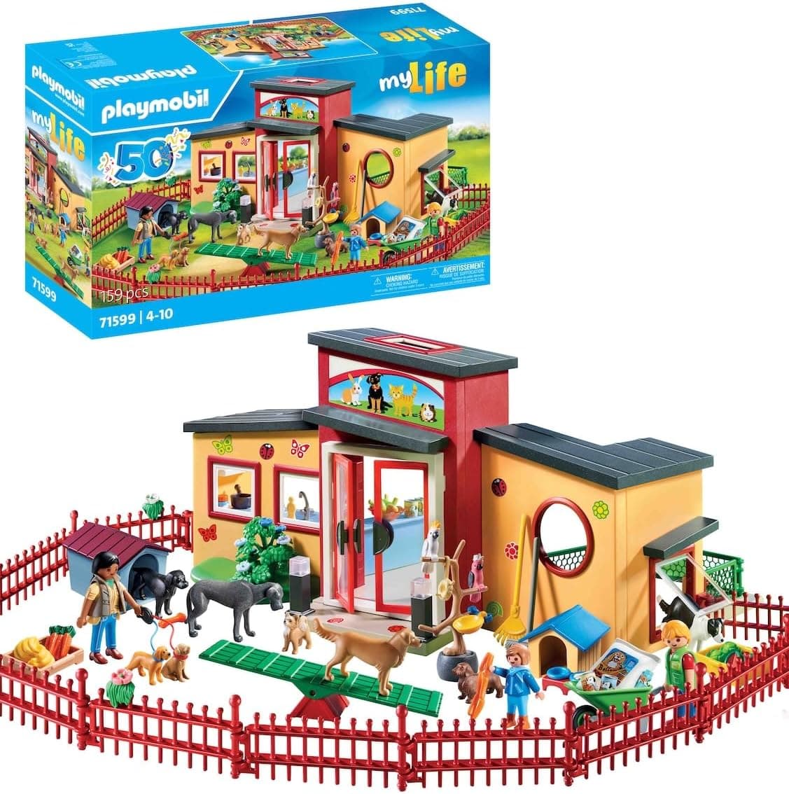 PLAYMOBIL MyLife 71599 Hotel para animais de estimação, grande casa de hóspedes com 10 animais, acessórios para cuidados e adesivos decorativos, brinquedos para meninos e meninas a partir de 4 anos
