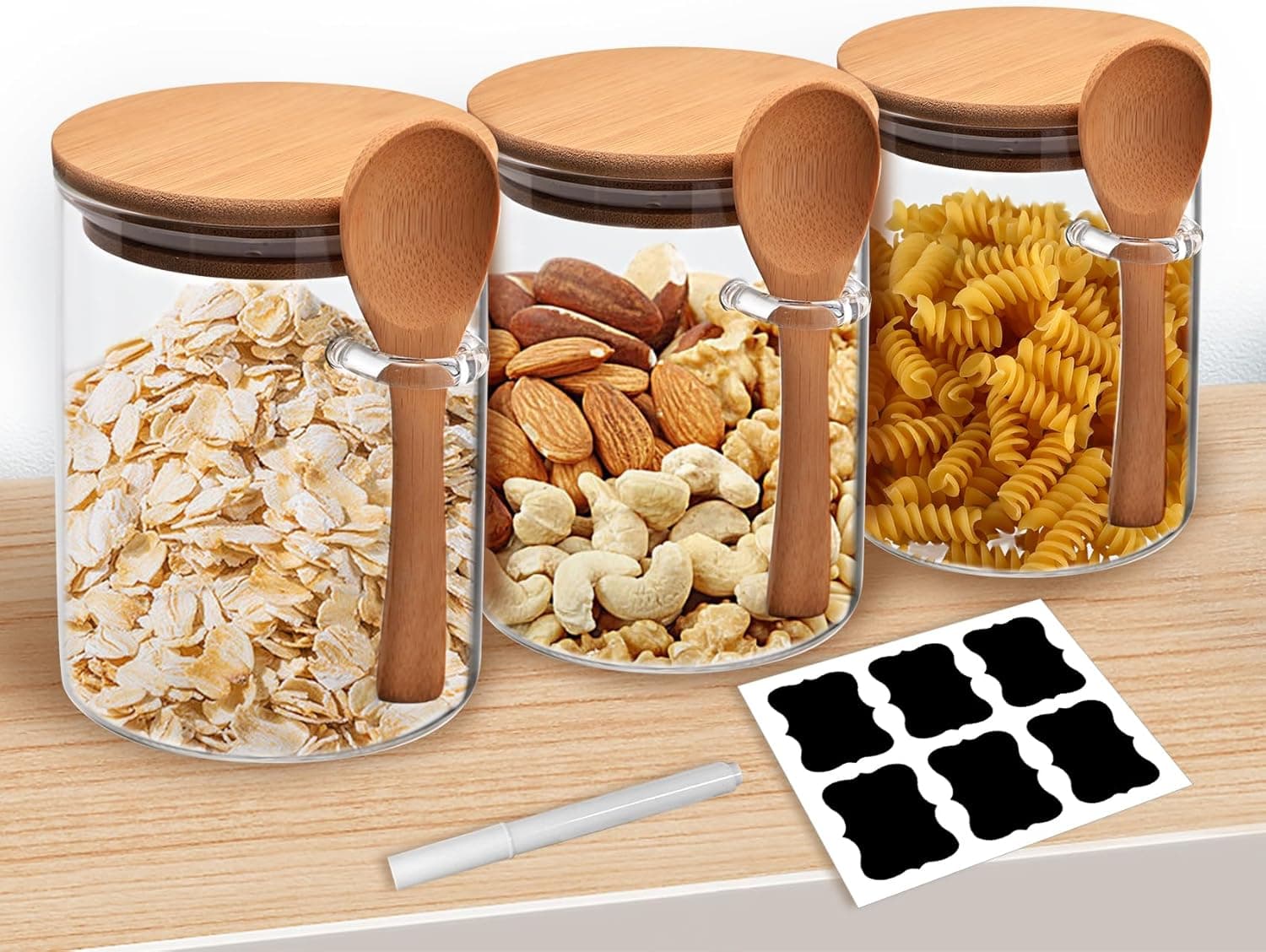 Gigmeta Conjunto de 3 frascos de vidro com tampa e colher de 540 ml com tampa de bambu, para cozinha, herméticos, frascos de especiarias, iogurte