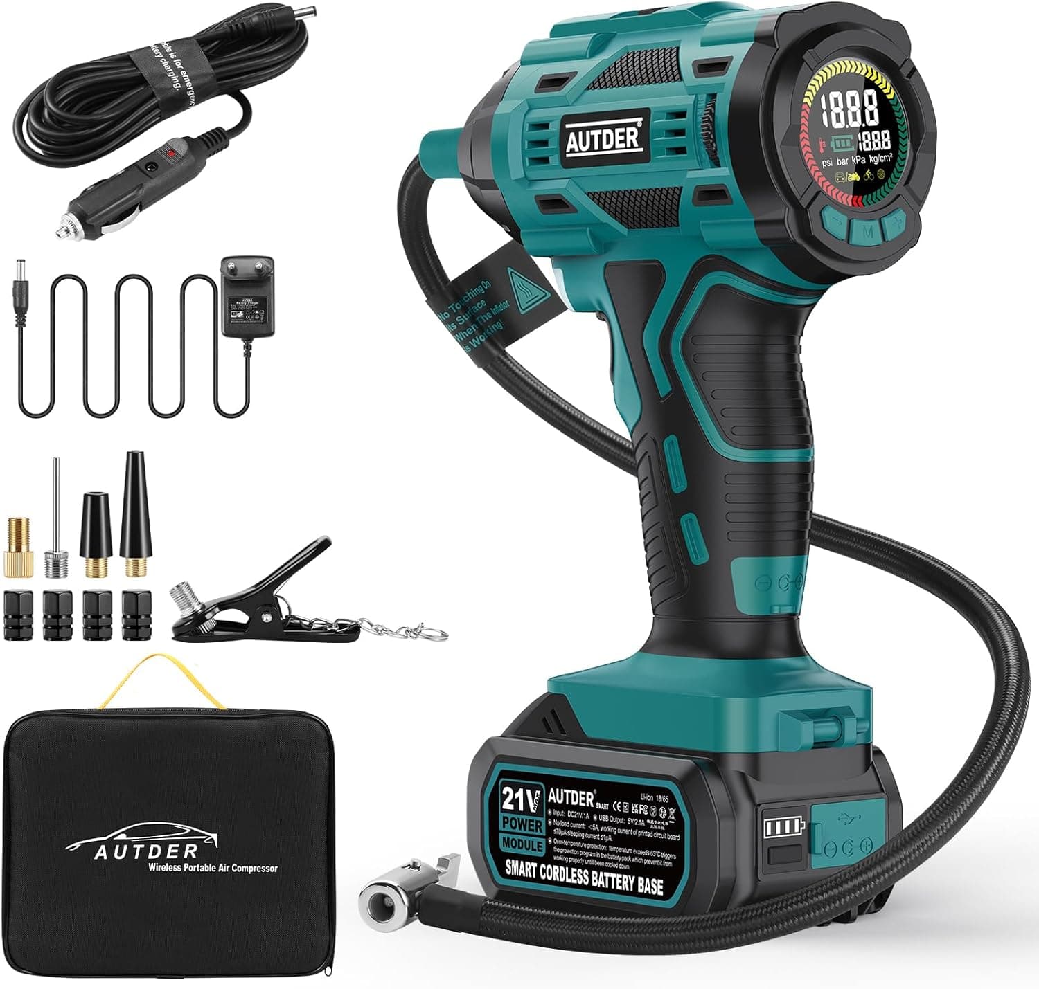 AUTDER Compressor de ar portátil, insuflador de pneus sem fios 180 PSI com duas fontes de alimentação, bateria 21 V / 12 V DC, medidor de pressão digital, desligamento automático (azul)