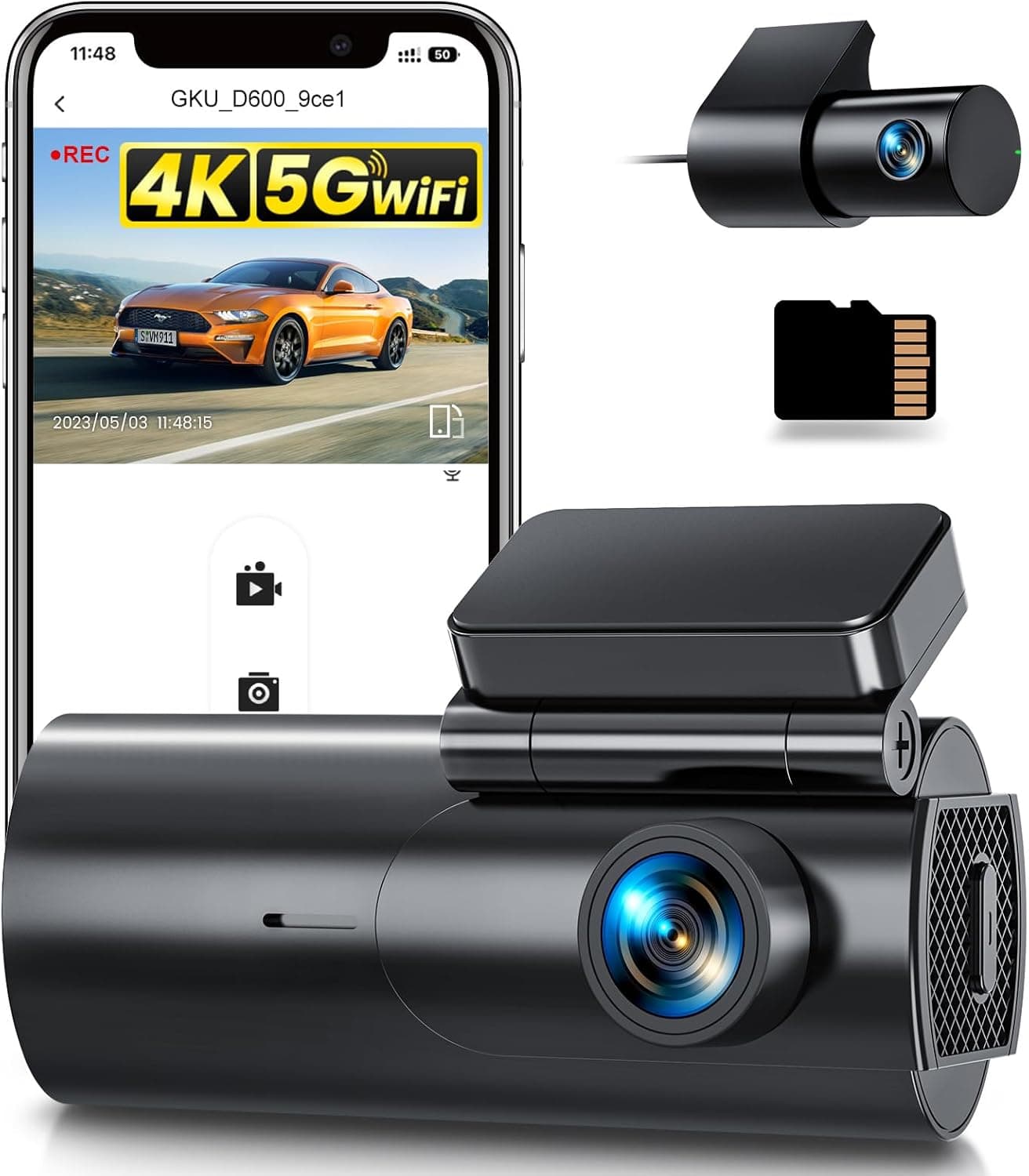 GKU Dashcam Câmara carro 4 K/2,5 K, 5 GHz WiFi Dash CAM carro com cartão SD de 64 GB, câmara gravador de carro, 170° grande angular, visão noturna, WDR, sensor G, monitor de estacionamento 24H