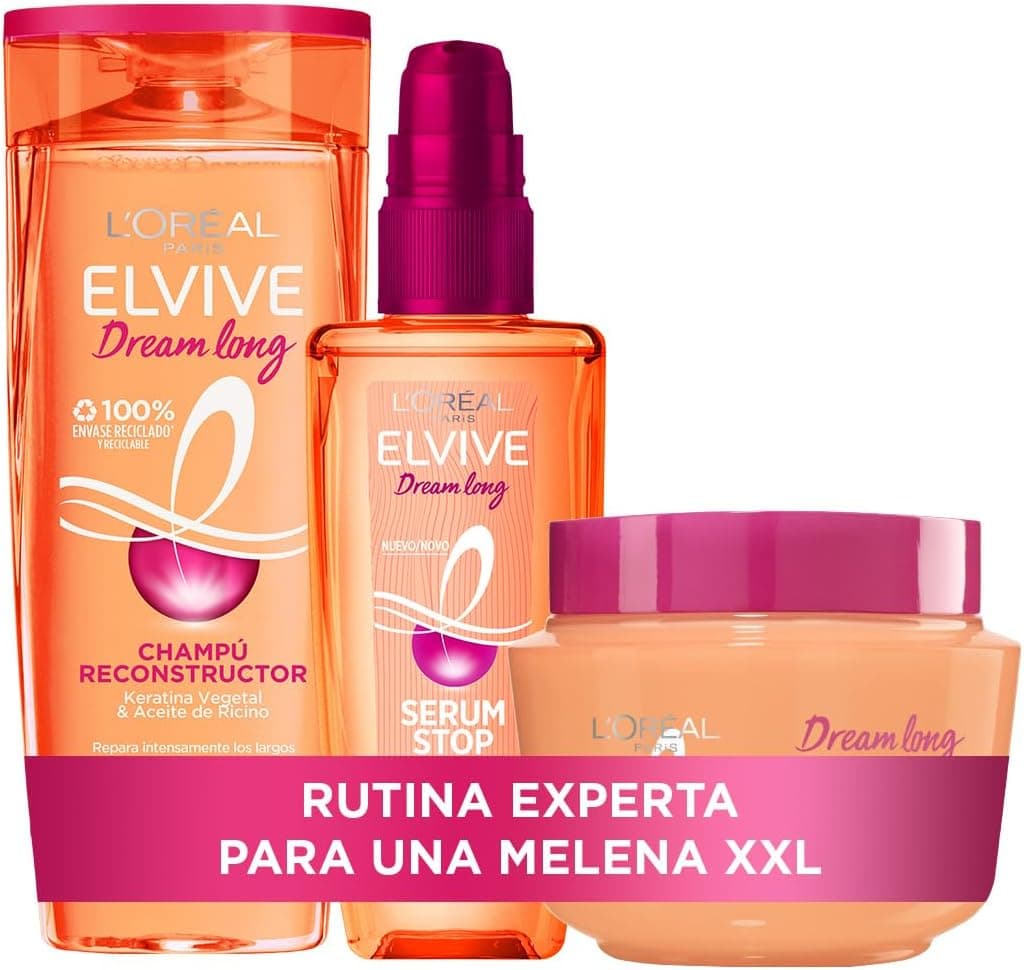L'Oréal Paris Pack ELVIVE Dream Long champô e máscara reconstrutora e Serum Stop Frizz para cabelo comprido