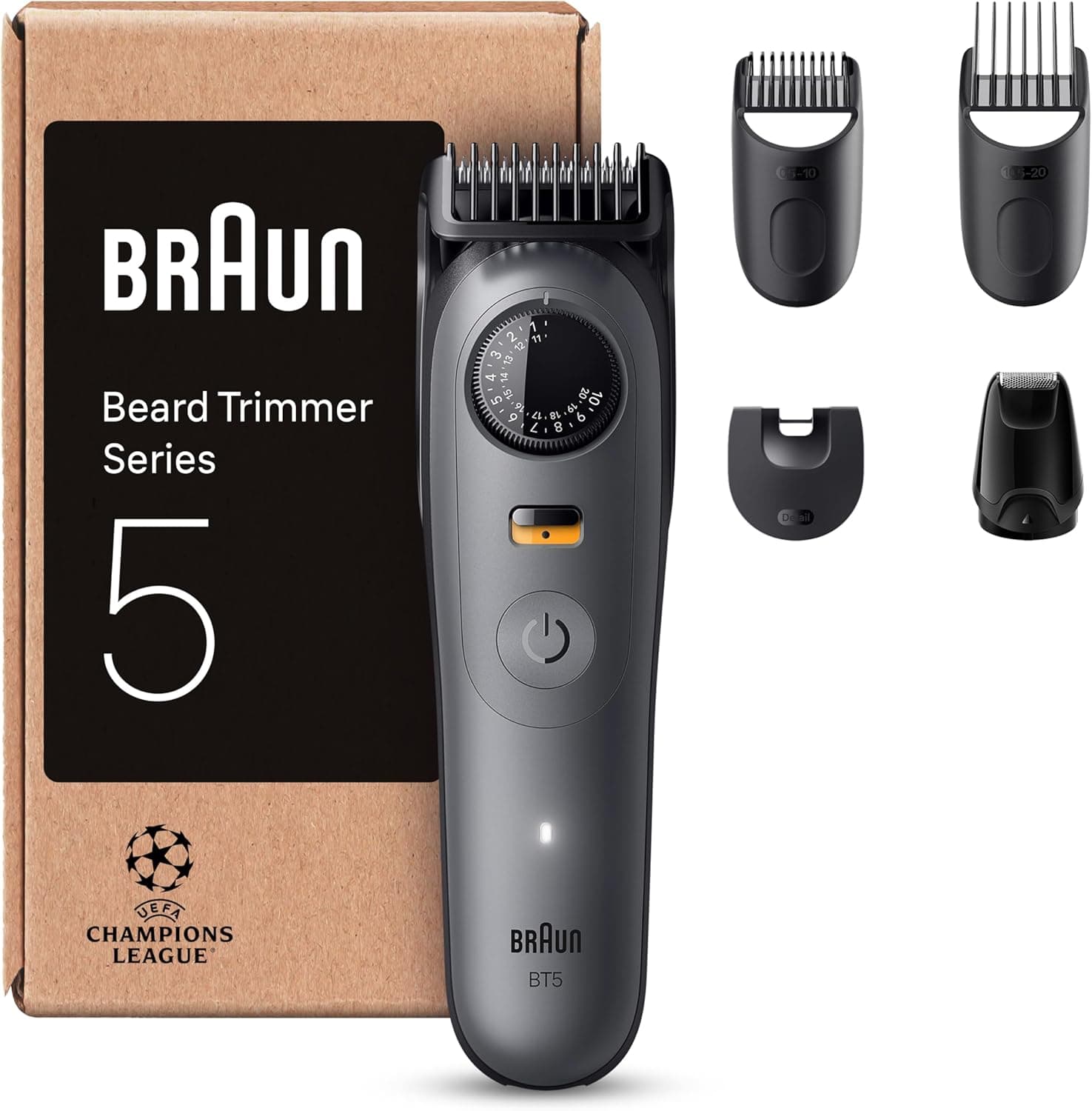 Braun Aparador de barba série 5 BT5525, barbeiro recarregável resistente à água, 5 acessórios de barbear, 120 min de automonomia, 40 comprimentos, lâmina ultra afiada, cinzento