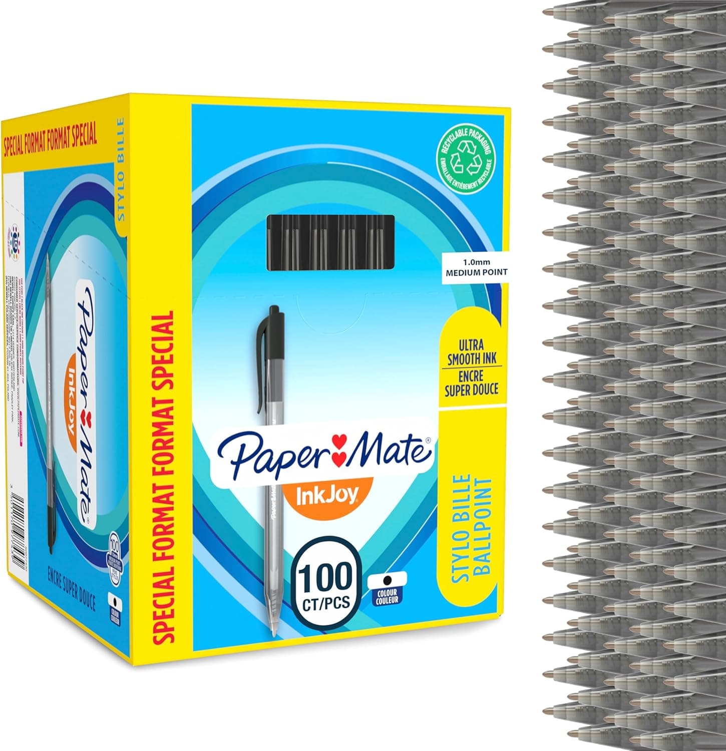 Paper Mate InkJoy 100RT | Caneta esferográfica retrátil preta, caixa de 100 unidades