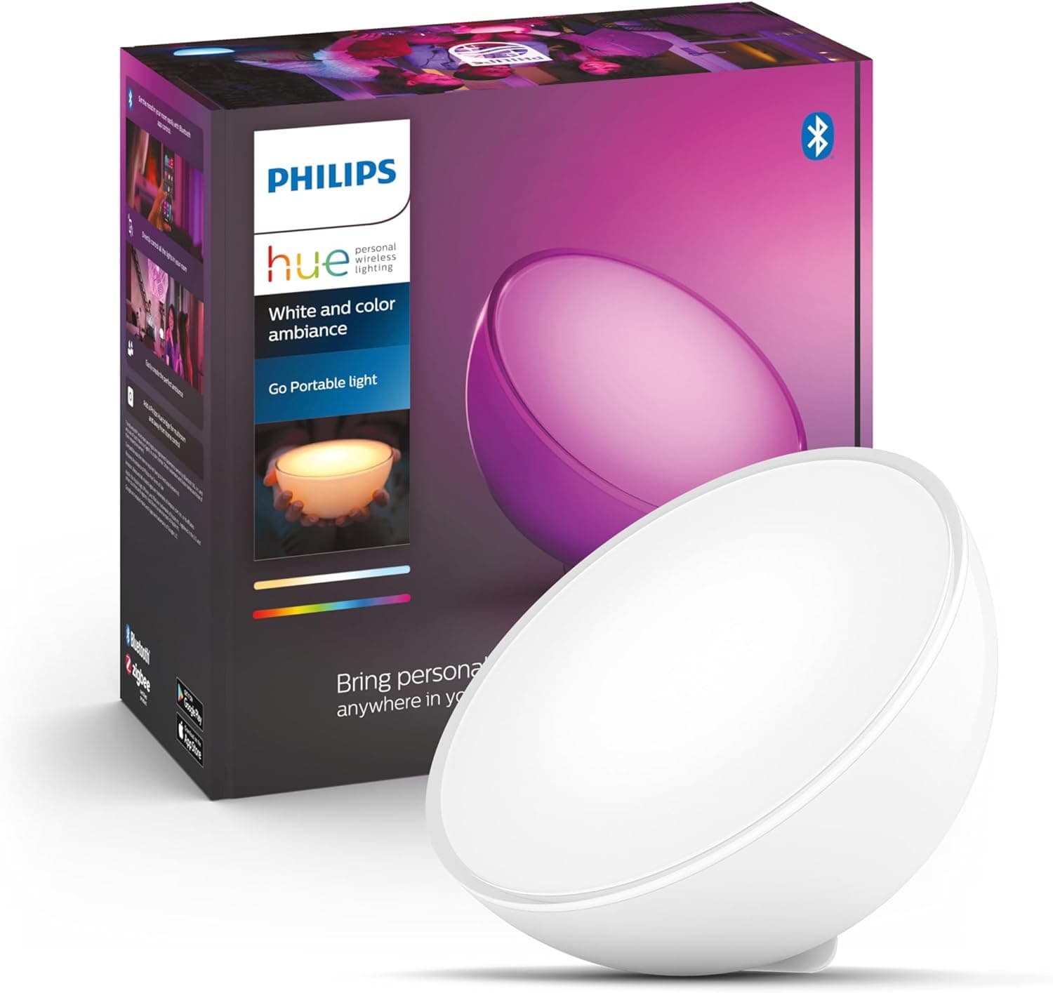 Philips Hue Go Candeeiro de Mesa Inteligente LED, com Bluetooth, Luz Branca e de Cor, Compatível com Alexa e Google Home.
