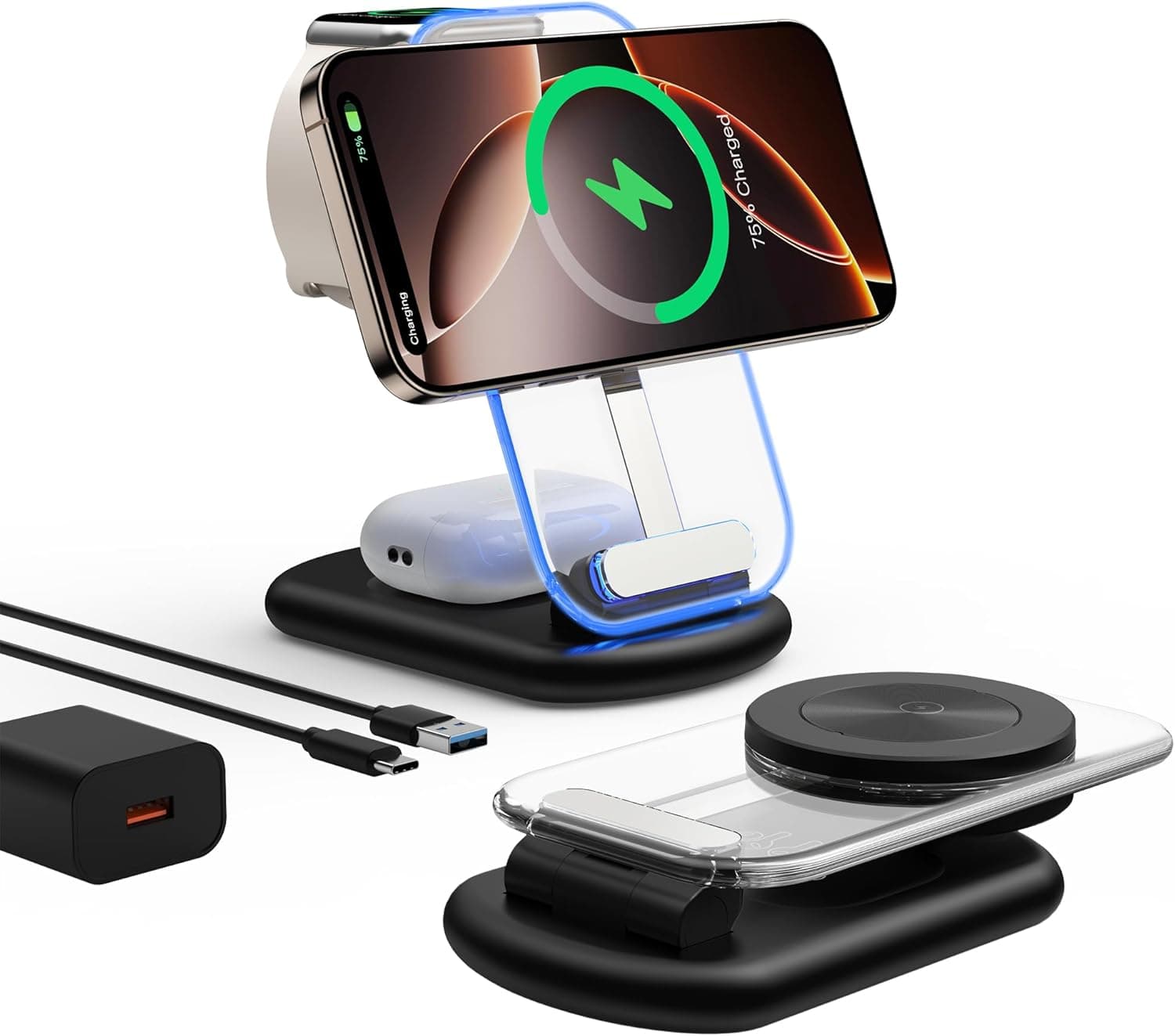 Carregador sem fios mag-Safe 3 em 1, dobrável, ajustável, magnético, suporte de carregamento sem fios com luz para iPhone 16/15/14/13/12 Series, AirPods 3/2/Pro, Apple Watch