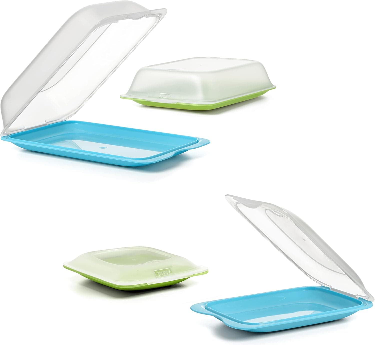 TATAY Conjunto de 4 suportes embutidos e alimentos frescos, 2 MAXI e 2 MINI, livre de BPA, reutilizáveis, empilháveis, máquinas de lavar louça e microfibra, cores verde e azul