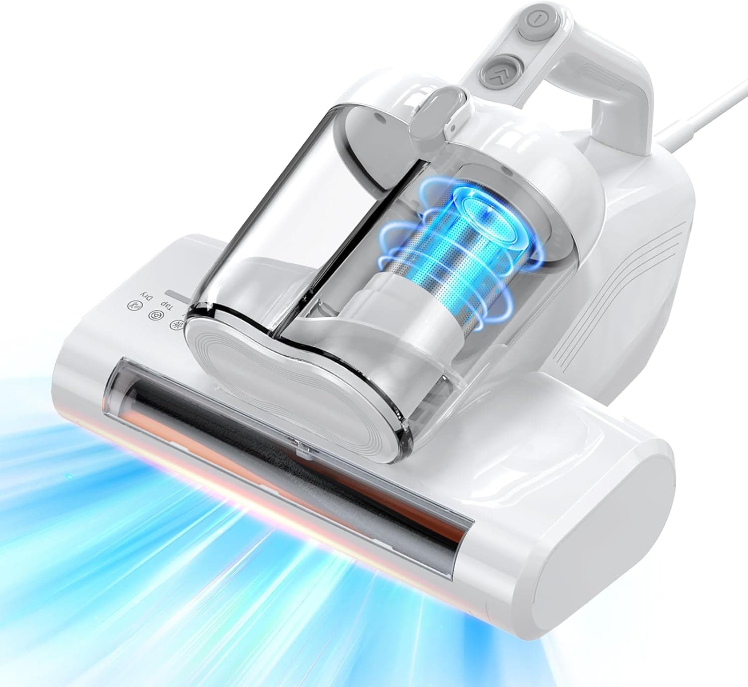 Aspirador antiácaros para colchões com luz UV-C de 253,7 nm 16 Kpa filtro de sucção HEPA aquecimento função 40000 rpm/min rotação aspirador de ácaros elimina 99,9% de alérgenos 600 W cabo branco