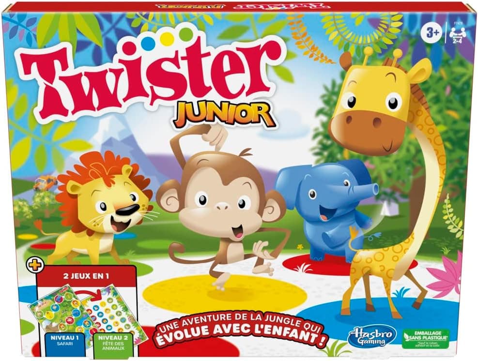Jogo Twister Junior, tapete reversível aventura da selva, 2 jogos em 1, conjunto de grupo de interiores para 2 a 4 jogadores
