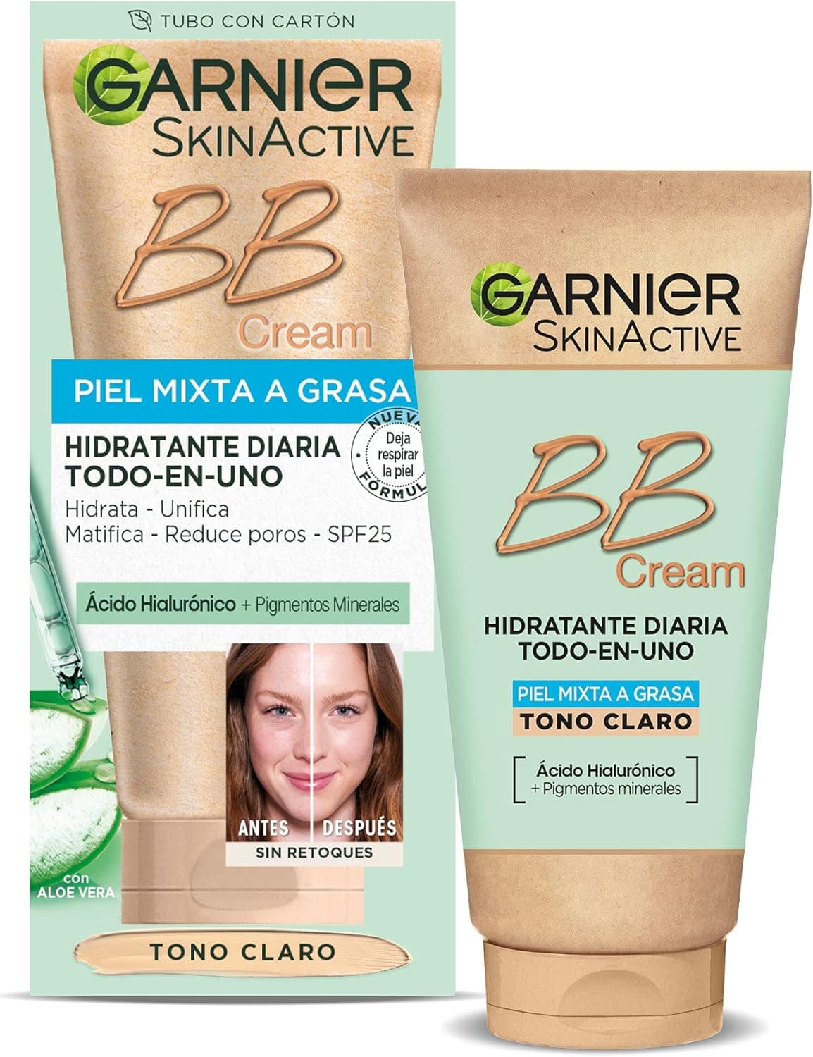 GARNIER Skin Active - BB Cream (para peles mistas a gorduras, com SPF 25, ácido hialurónico, extrato de aloé vera e pigmentos minerais, hidratados, unifica, corrige e ilumina) Tom claro - 50 ml