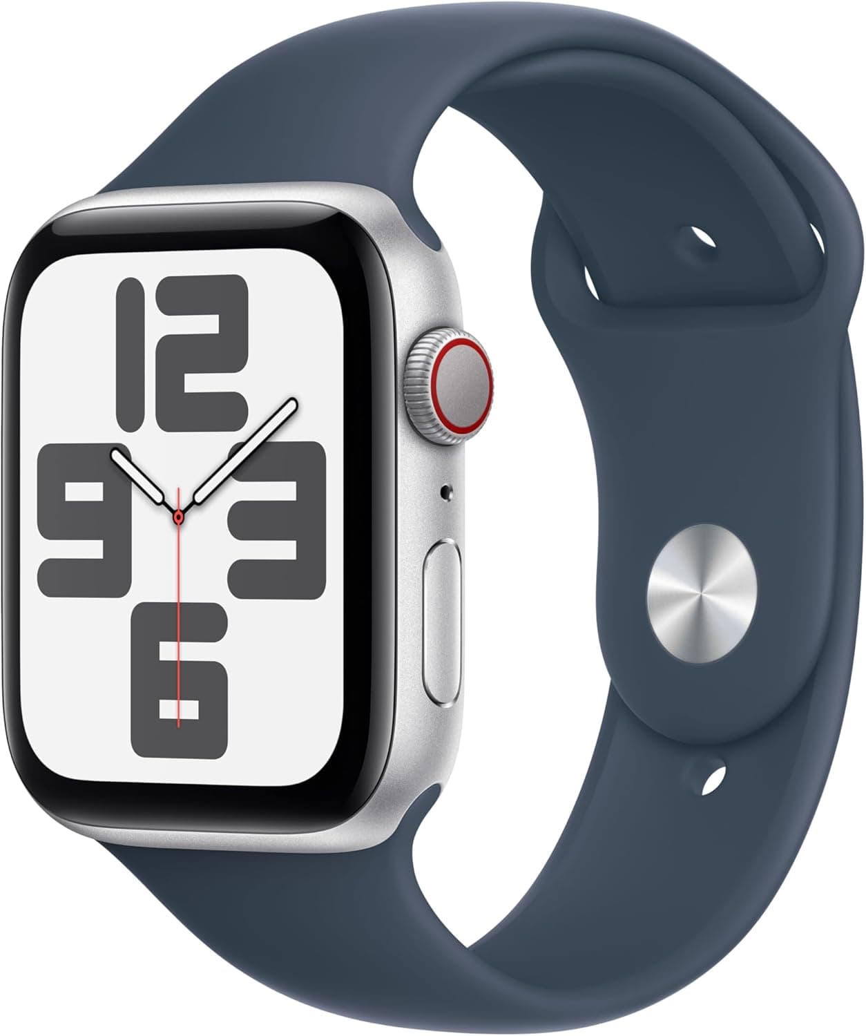 Apple Watch SE de 2.ª geração, 2023 [GPS celular] Smartwatch com caixa de alumínio em prata de 44 mm e correia desportiva azul tempestade - tamanho S/M. Monitor de treino e sono, ecrã Retina