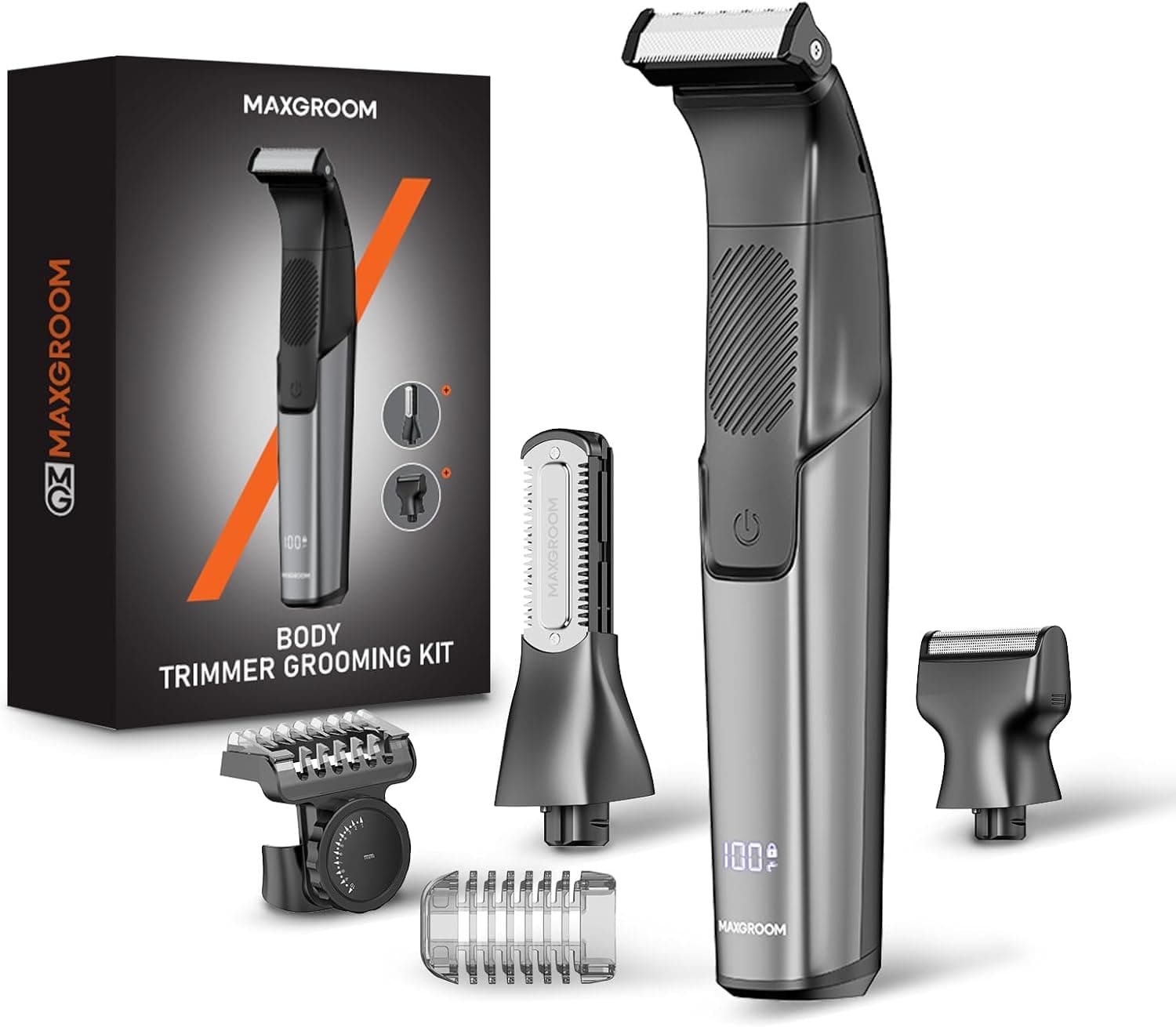 MAXGROOM Máquina de barbear corporal masculina 3 em 1, depiladora corporal para homem com pente ajustável para corpo e zona íntima, em seco e húmido, ecrã LED e recarregável tipo C, preto