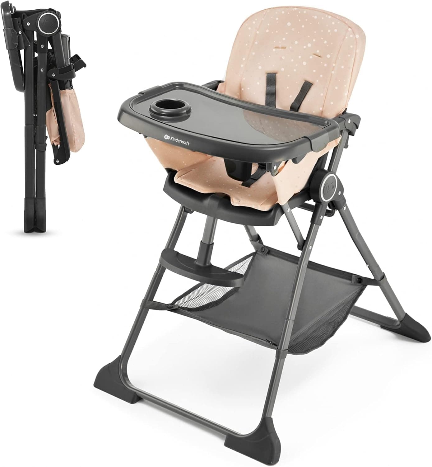 Kinderkraft FOLDEE Cadeira alta para bebé, ergonómica, confortável, reclinável, dobrável, apoio para os pés ajustável, bandeja dupla removível, para crianças, de 6 meses a 3 anos, rosa
