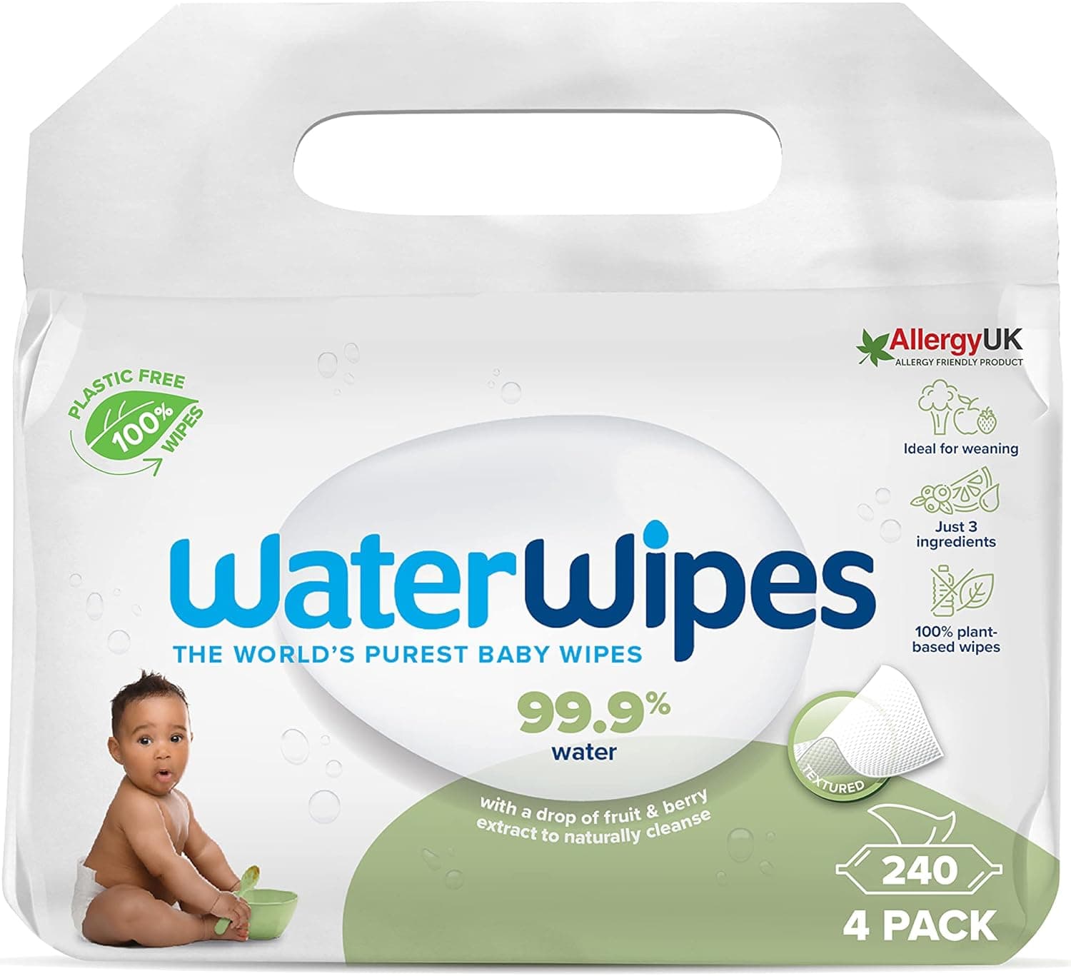 WaterWipes Toalhetes húmidos texturizados sem plástico para crianças pequenas e bebés, 240 unidades (embalagem de 4), 99,9% base de água, sem perfume para peles sensíveis