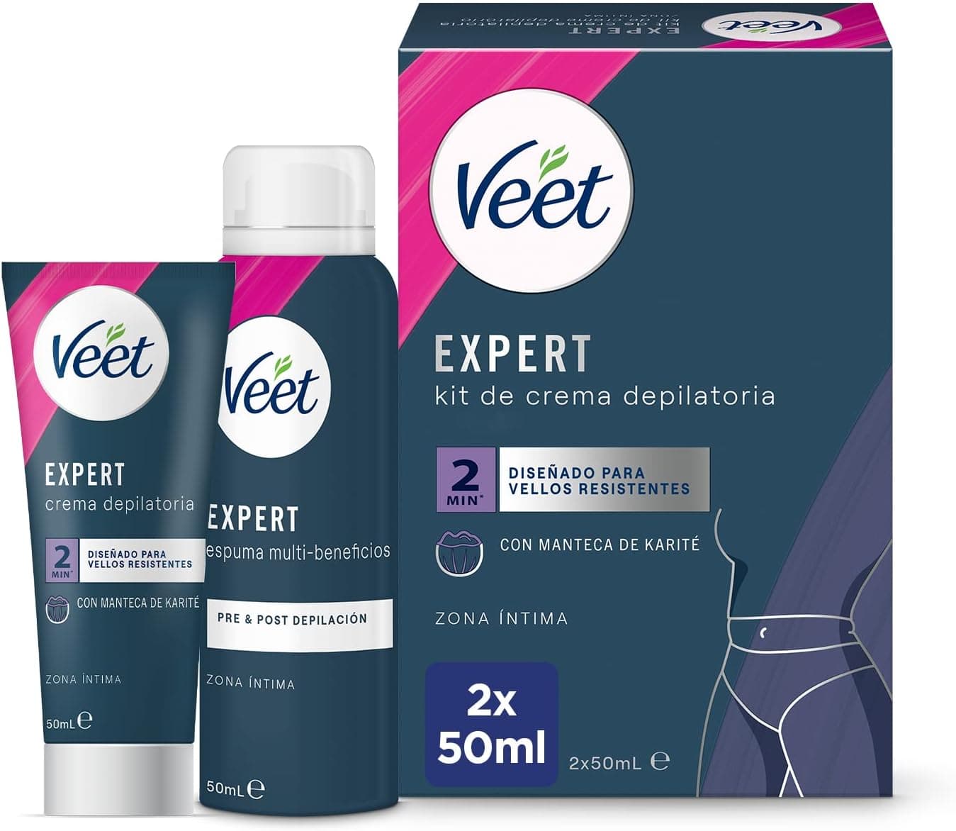 Veet Expert Kit de depilação para áreas íntimas do corpo, creme de depilação mulher 50 ml e espuma multi-benefícios 50 ml 