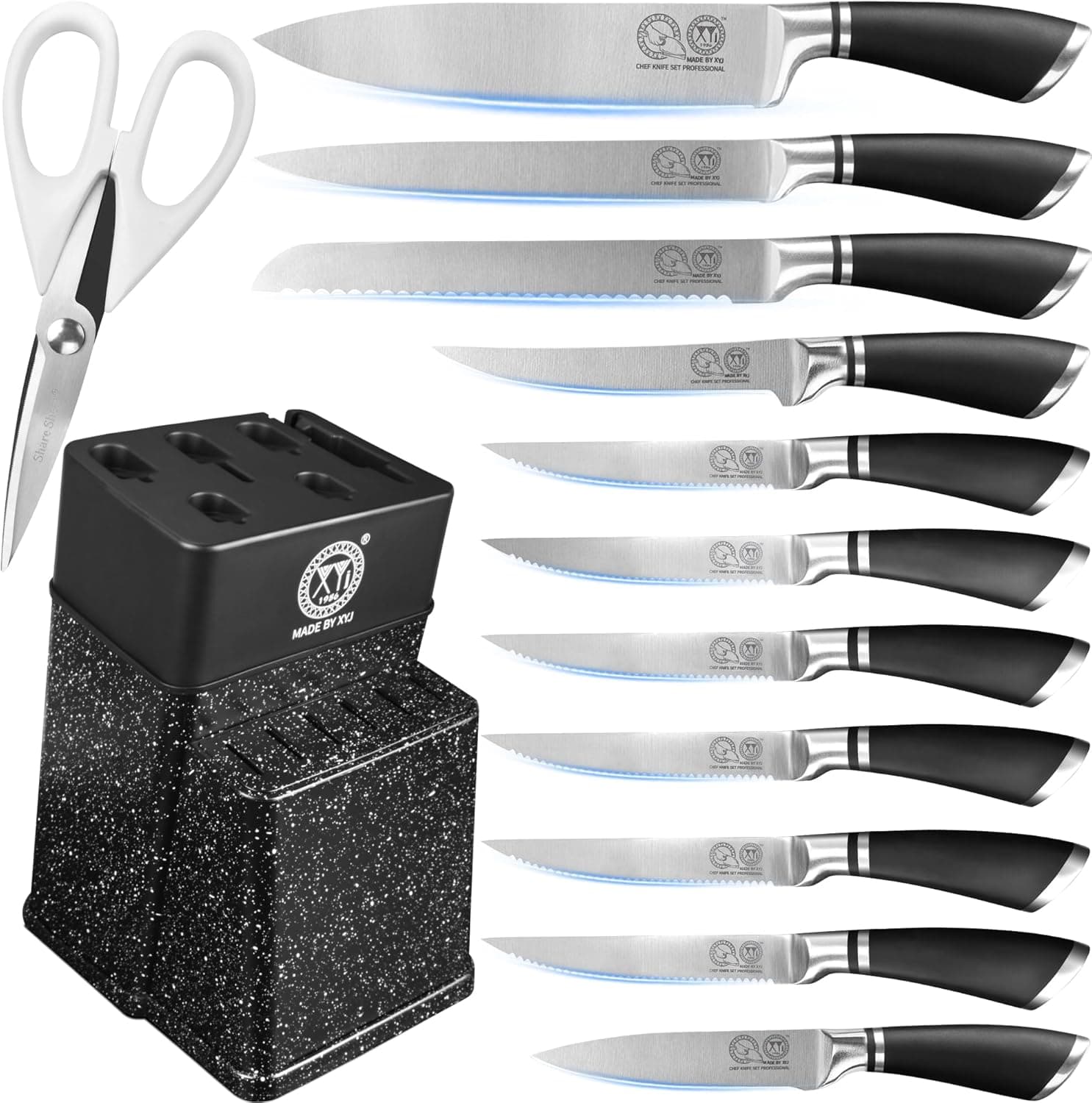 XYJ Authentic Since 1986 - Conjunto de facas de cozinha profissionais de aço inoxidável com suporte para facas, tesouras, faca de cozinha para cozinhar em casa