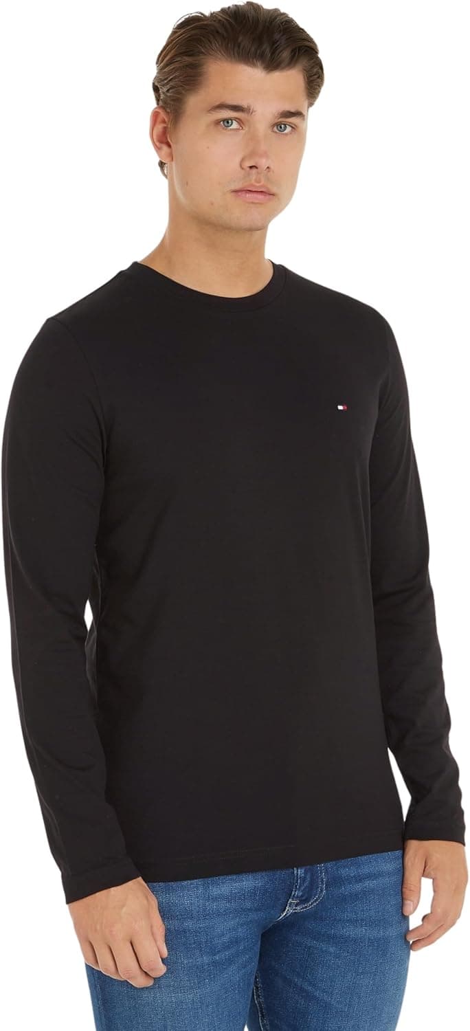 Tommy Hilfiger Tommy Logo Long Sleeve Tee | T-shirt slim fit de manga comprida em algodão com gola redonda e logótipo bordado para homem