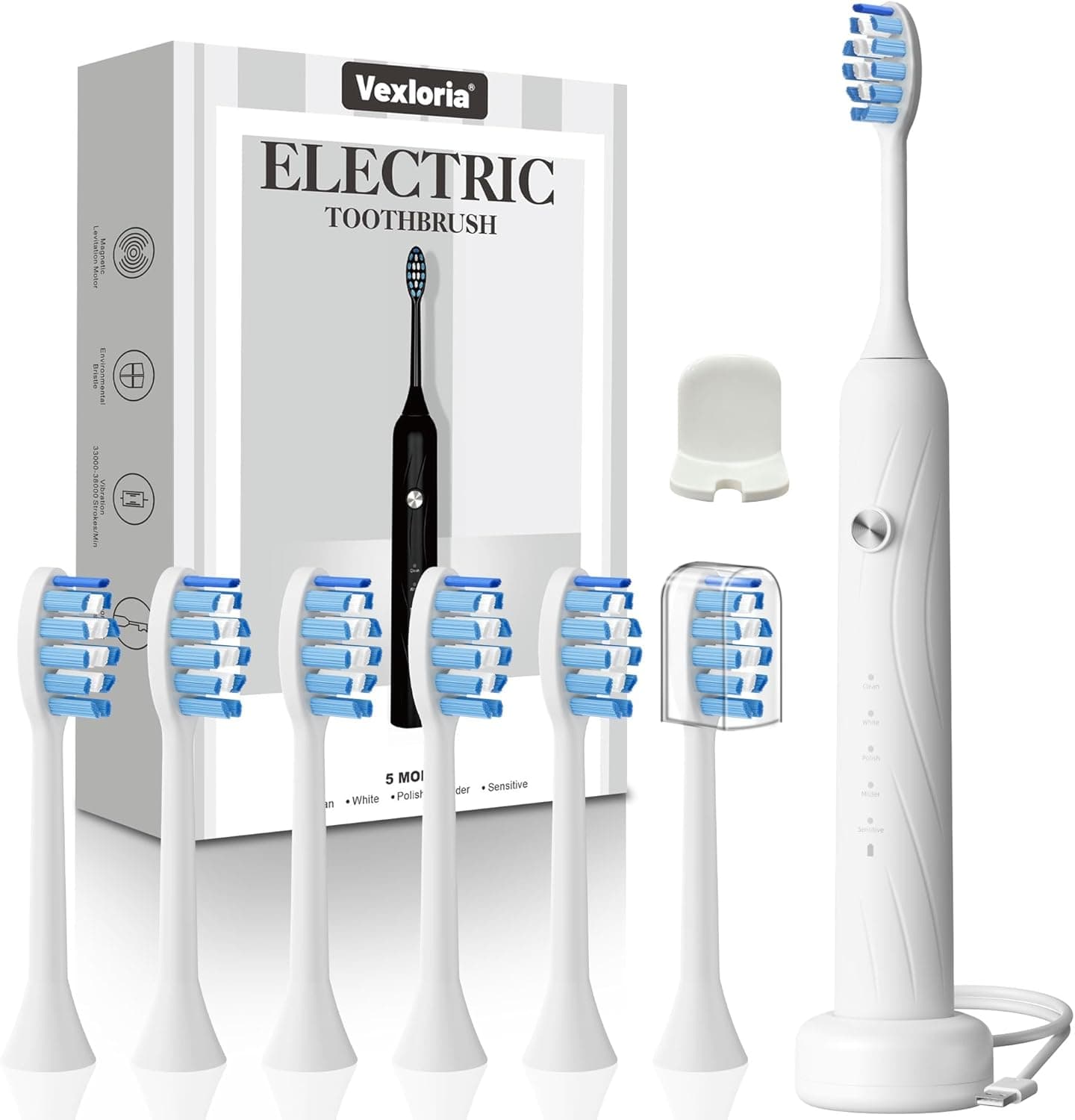 Vexloria Escova de dentes elétrica sónica para adultos e crianças, escova elétrica com 6 cabeças, 5 modos e temporizador, IPX7 escova de dentes elétrica ultra-sónica para mulheres e homens, branco