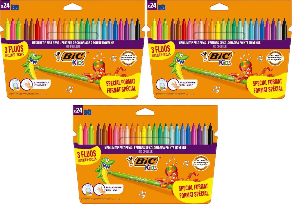 BIC Kids Kid Couleur | Conjunto de 24 marcadores de ponta média em cores sortidas para crianças