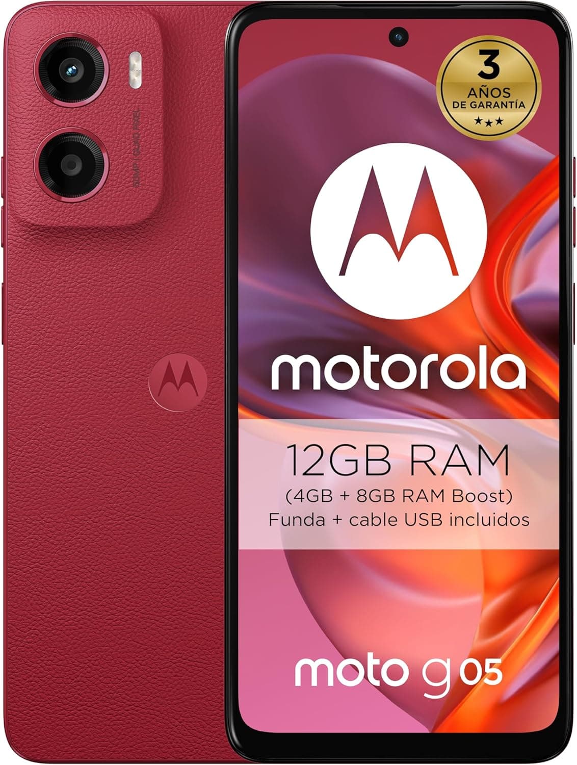 Motorola Moto g05 12 GB (4 GB + 8 GB RAM Boost)/64 GB vermelho, Espanha, ecrã super brilhante de 6,67", sistema de câmaras de 50 MP, modo retrato com IA, couro vegano, Corning Gorilla Glass 3, bateria