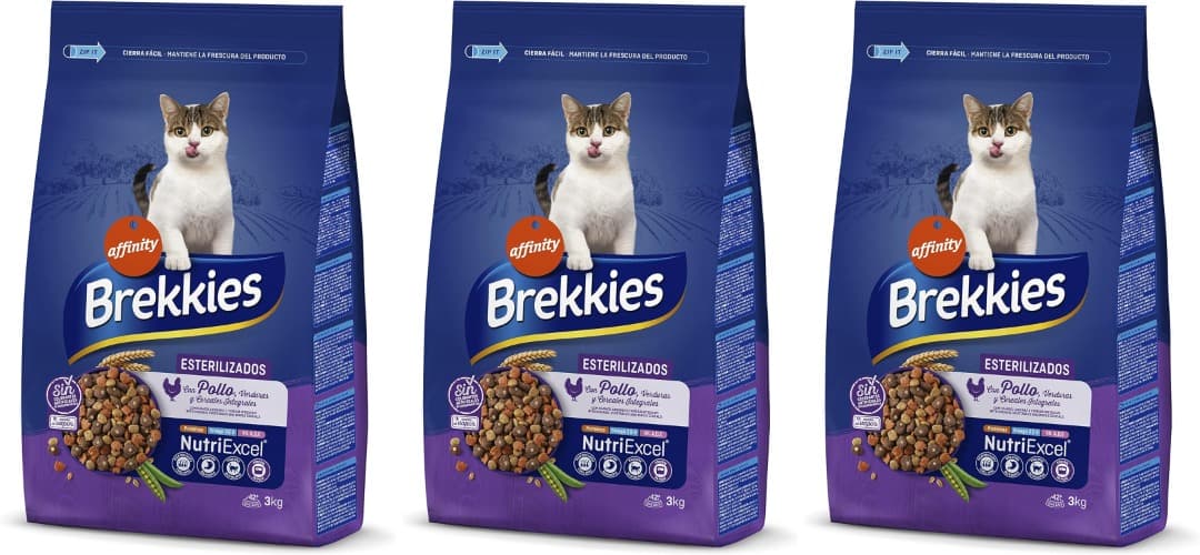 Brekkies Cat Sterilized | Ração seca para gatos esterilizados com frango e vegetais 3 kg x 3